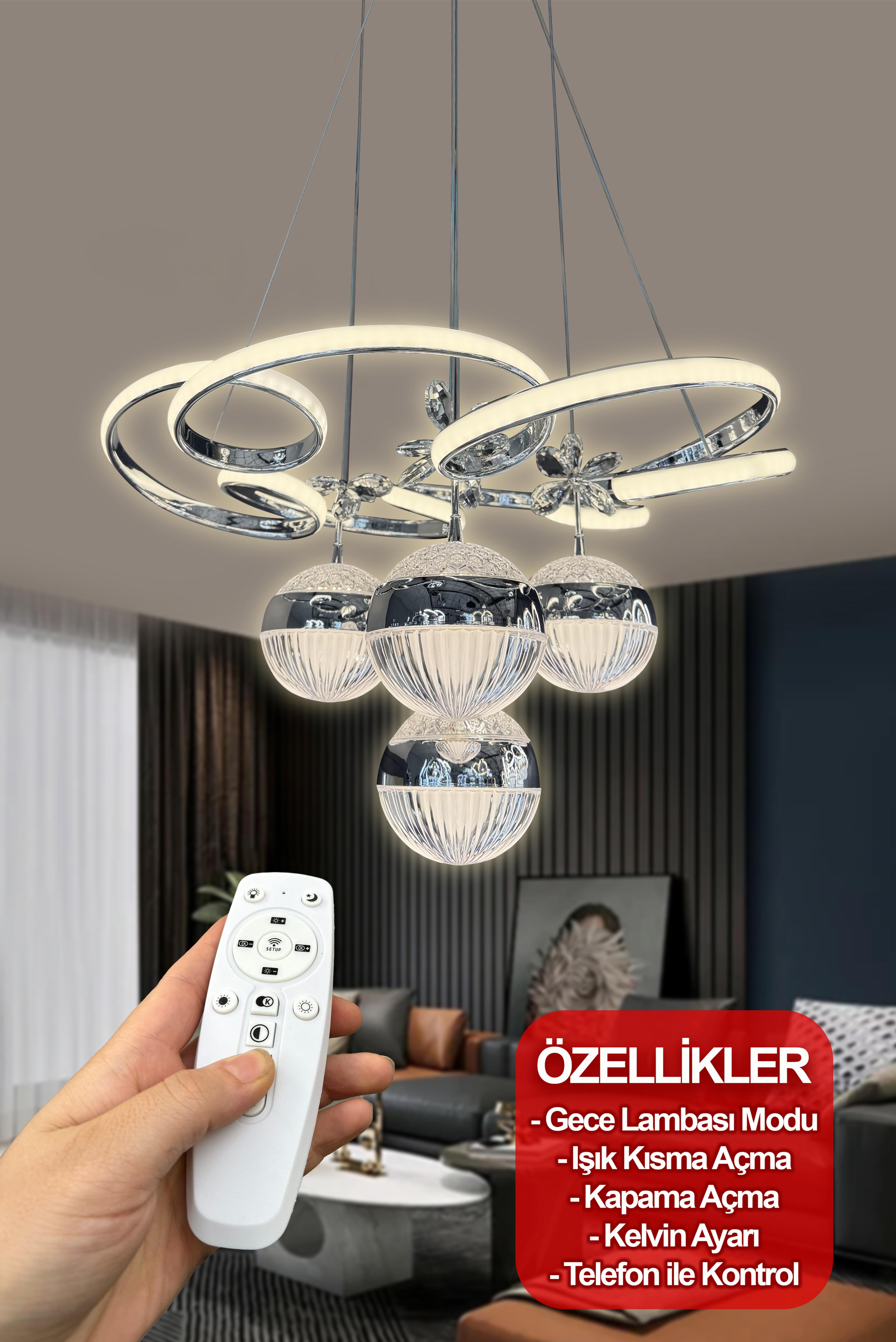 Florya İthal 3 Renk Akıllı Kumandalı(telefonda kullanım ) Modern Sarkıt Özel Led Avize