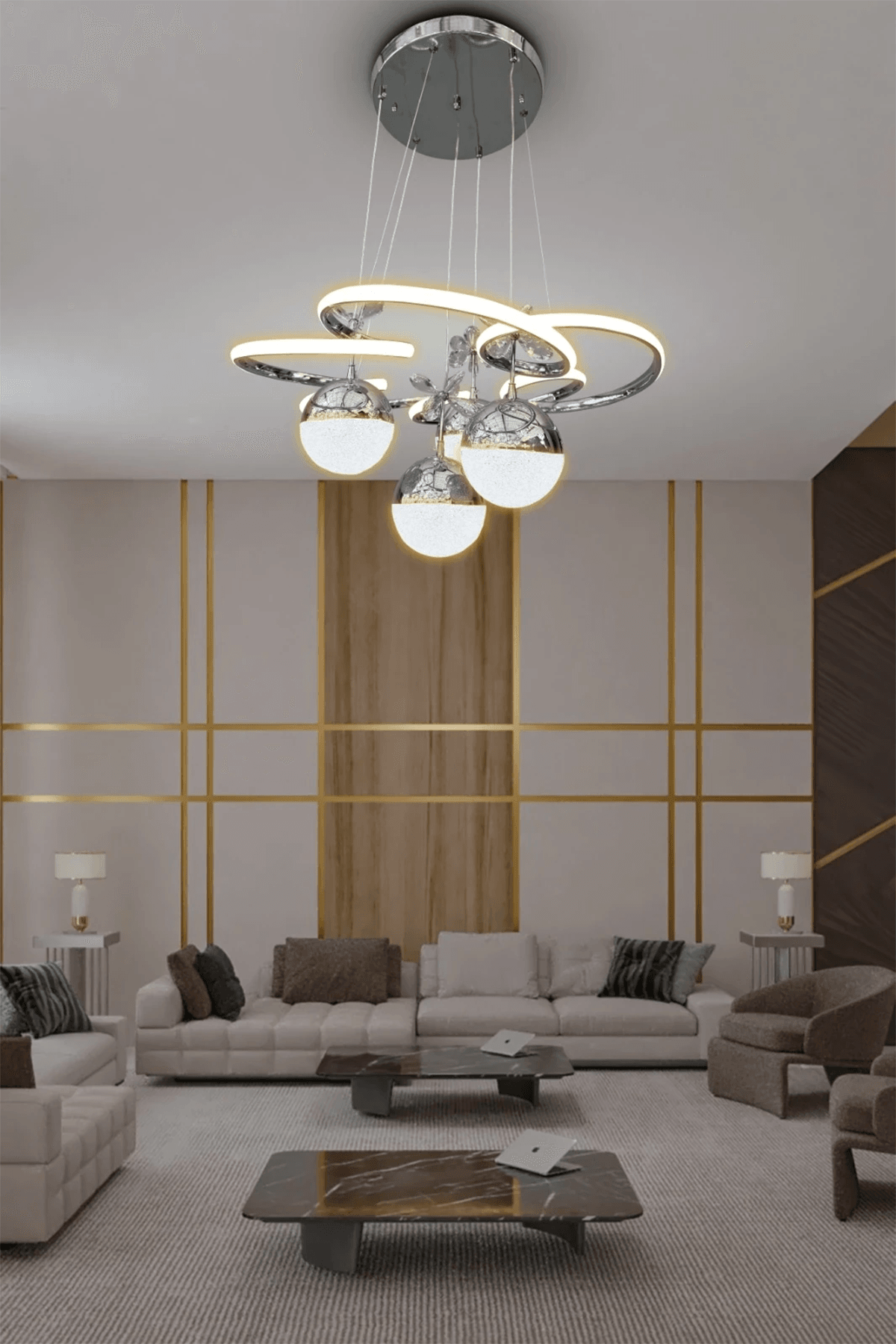 Modern Sarkıt Florya 4 Toplu Led Avize - Salon & Oturma Odası Avizesi - 3 Renk Kumandalı - krom