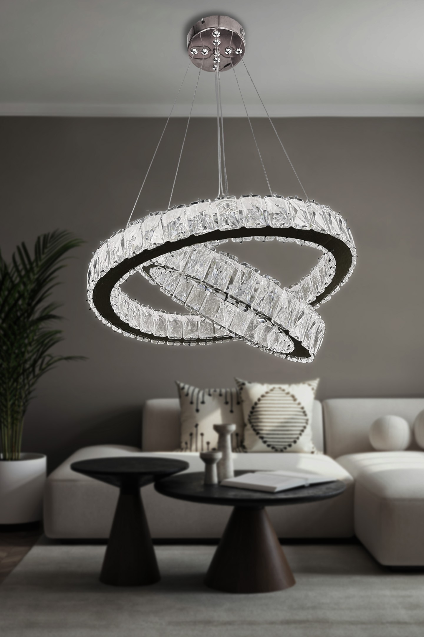 2 Daire Taşlı Modern Salon Sarkıt Avize İthal - 3 Renk Kumandalı