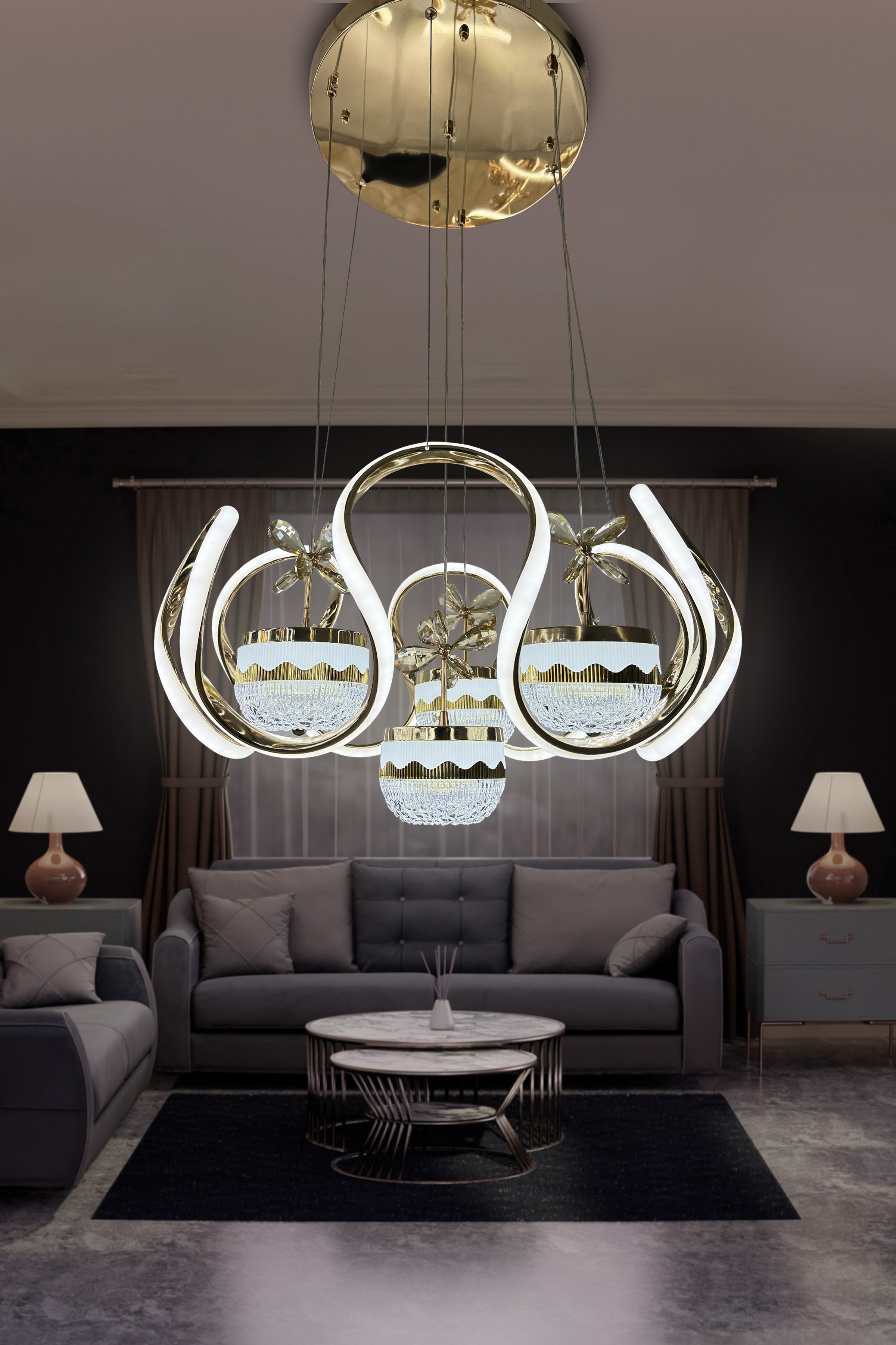 Modern Taç 4 Toplu 3  Renk Kumandalı Led Avize (gece lambası modlu ,ışık açma kısma )