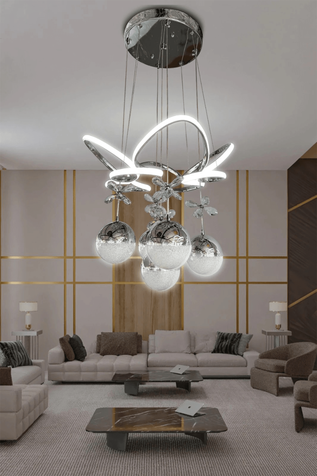 Kral Tacı Led Avize 5 Toplu Led Avize - 3 Renk Kumandalı - krom
