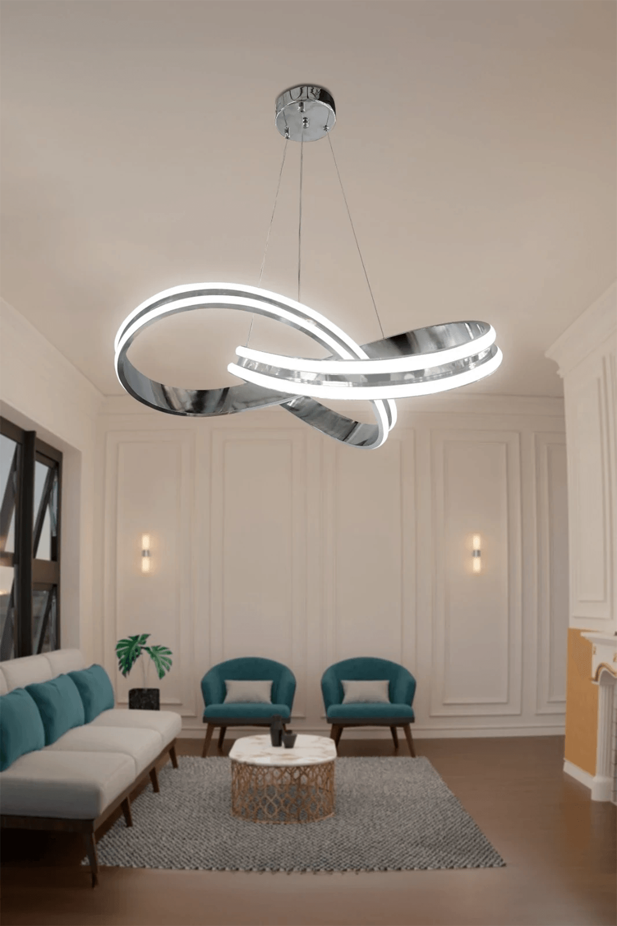 Kardelen Çift Yönlü Modern Sarkıt Avize, Salon Avizesi - Beyaz Işık - krom