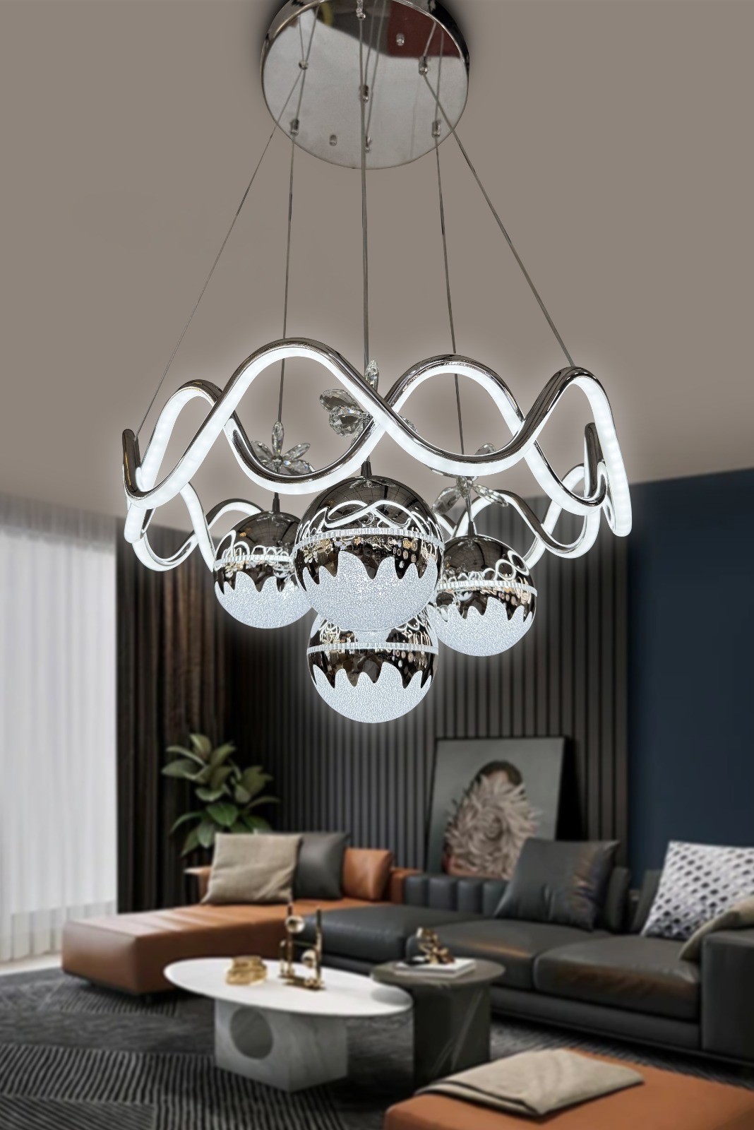 Modern Sarkıt Ateş Topu 4Toplu İthal Ledli 3 Renk Kumandalı Led Avize - Krom