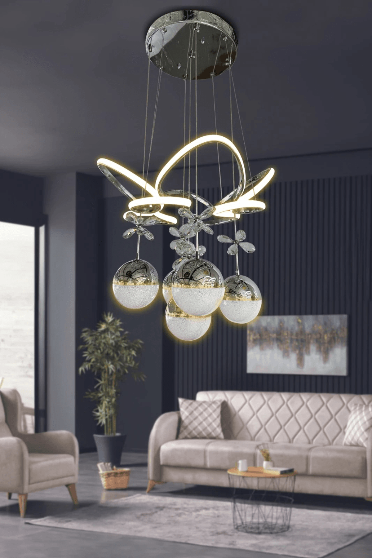 Kral Tacı Led Avize 5 Toplu Led Avize - 3 Renk Kumandalı - krom