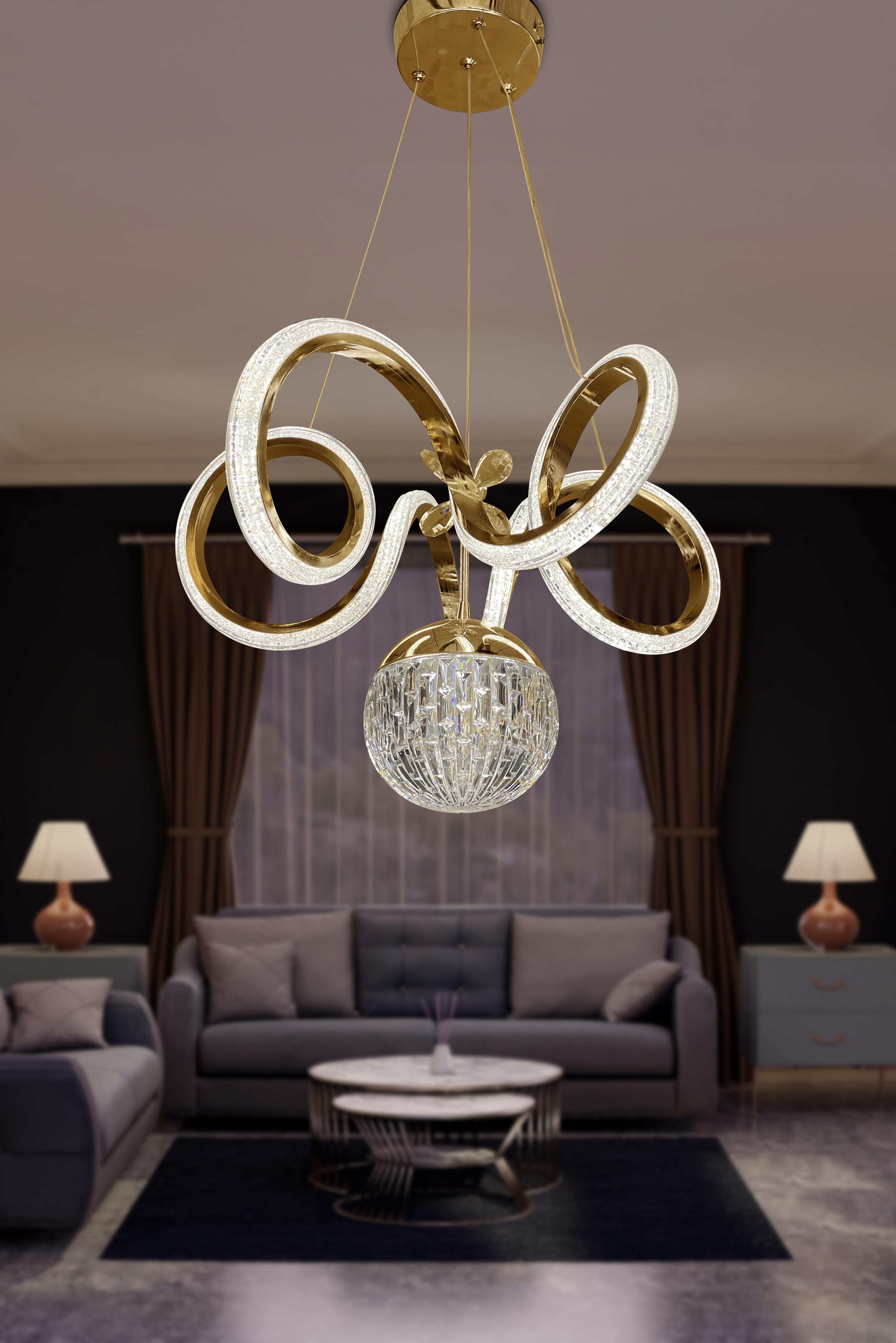 Kıvrım Tekli Kristal Top Simli Slikonlu Modern Oturma Led Avizesi