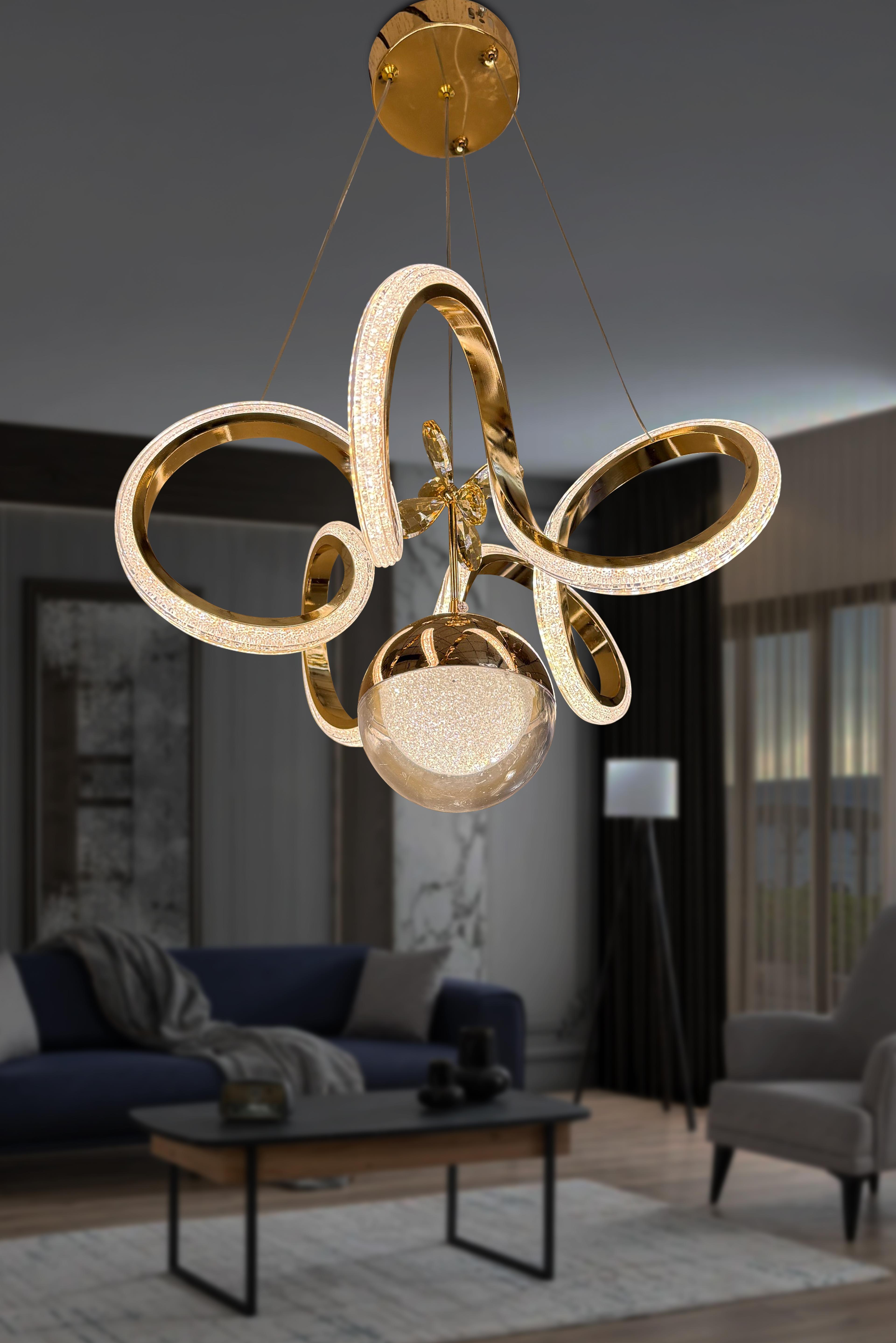 Kıvrım Tekli Fanus Top Simli Slikonlu Modern Oturma Led Avizesi