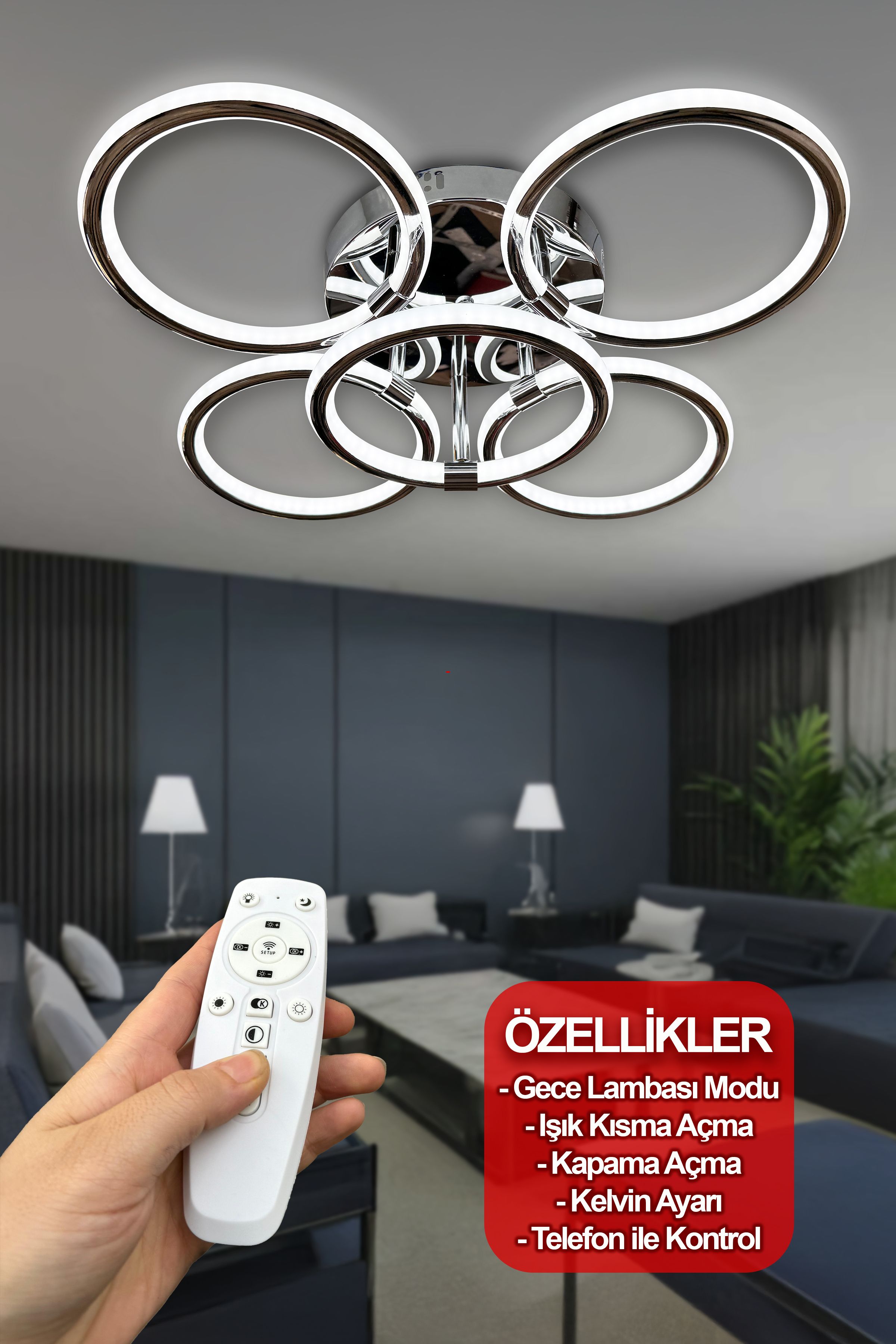 Exxen 4+1 Kumandalı Krom Çift Yönlü İthal Modern Yüksek Işık Gücü Modern Uzun Ömürlü Sarkıt Led Avize 