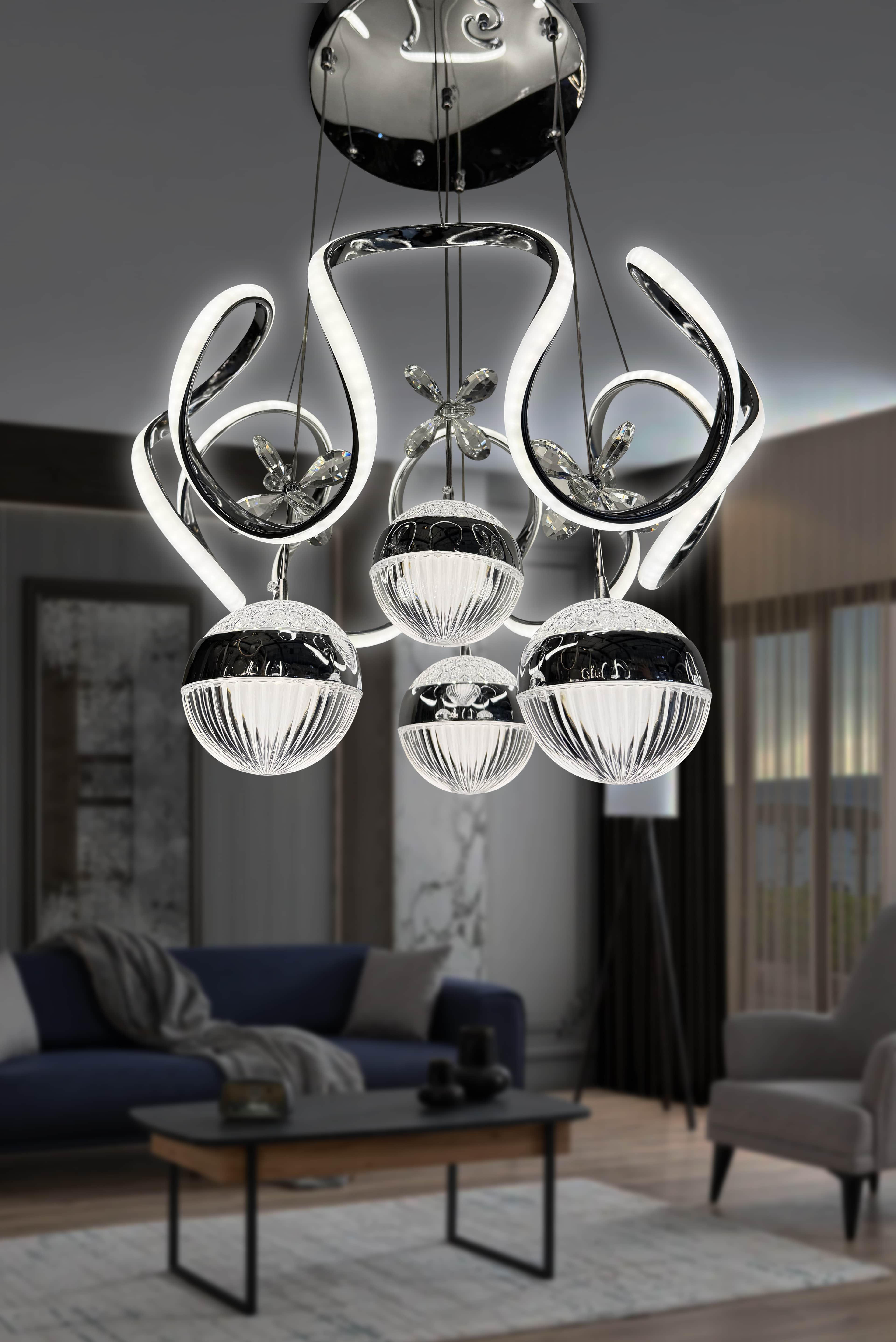 Loris Modern Sarkıt 3 Renk Kumandalı Salon - Oturma Odası - Yatak Odası Led Avize - Krom