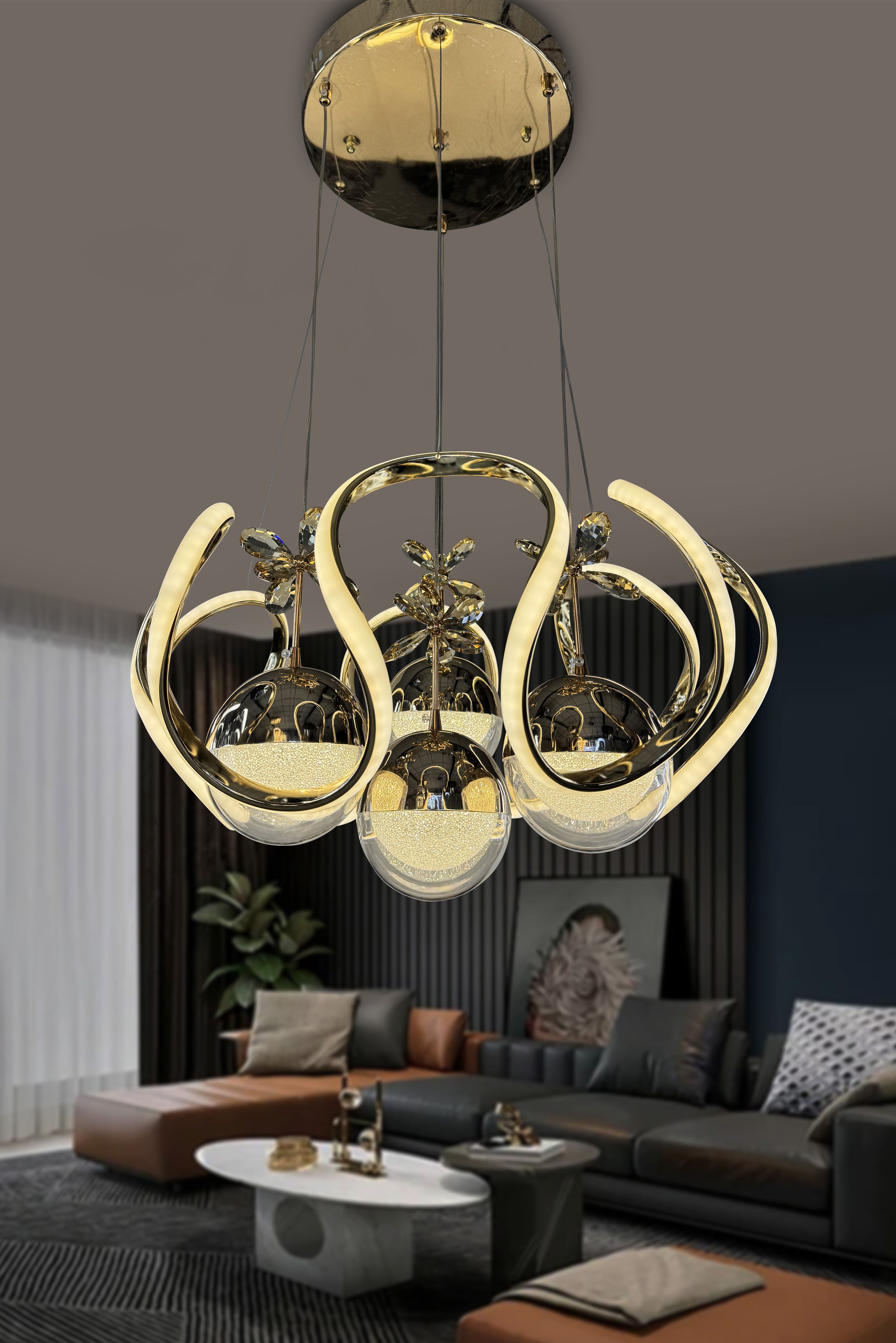 Yeni Fanuslu Şeker Top 4 Lü Arya XL Modern Sarkıt Salon Giriş Led Avize