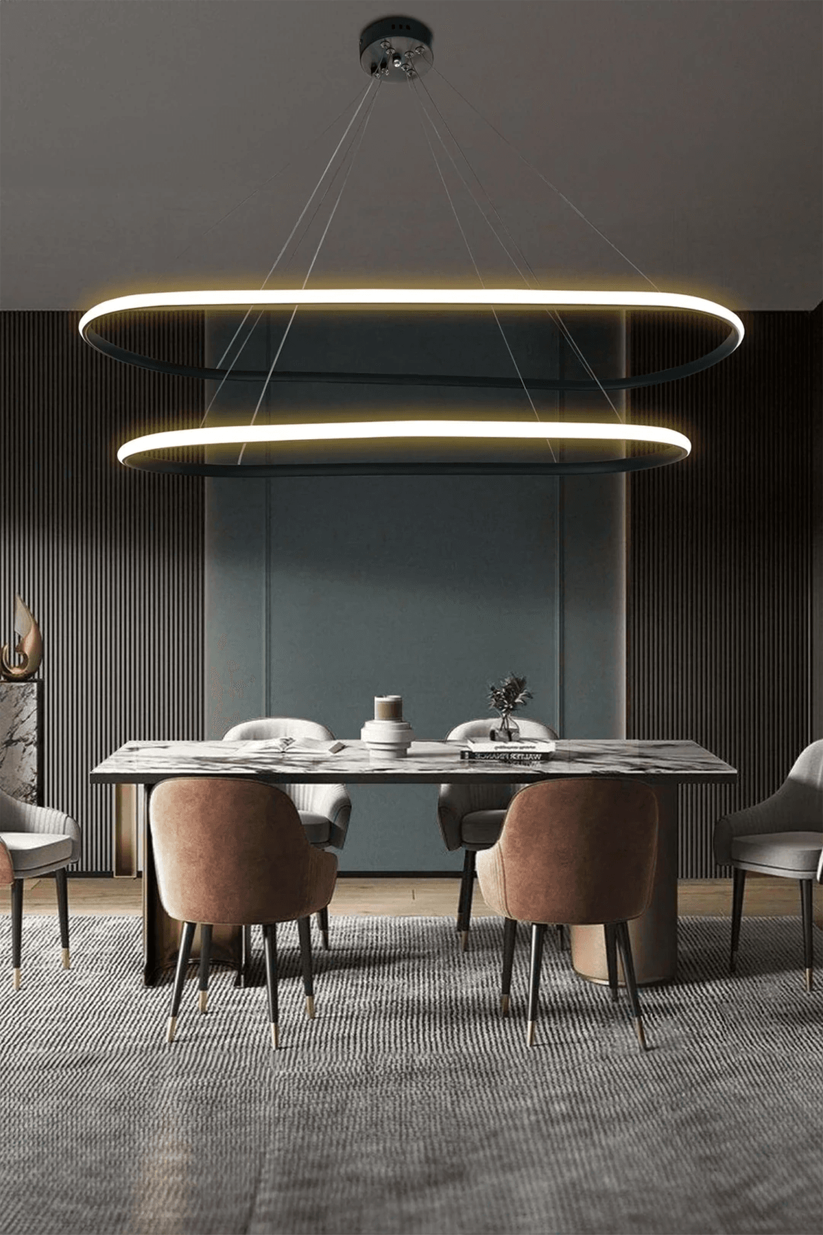 Gece Modern Led Aydınlatmalı Ev & Ofis Avizesi - 3 Renk Kumandalı - siyah