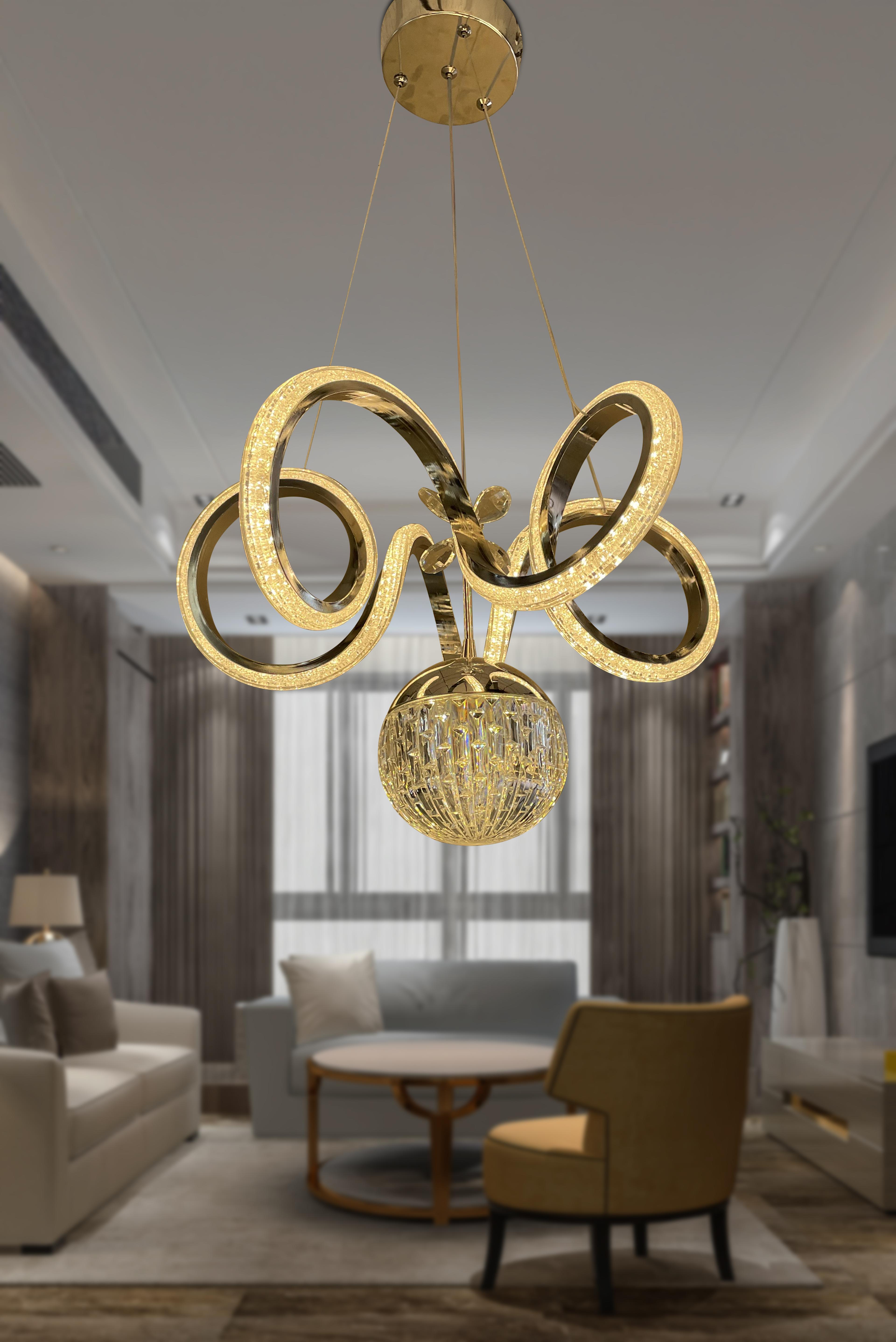 Kıvrım Tekli Kristal Top Simli Slikonlu Modern Oturma Led Avizesi