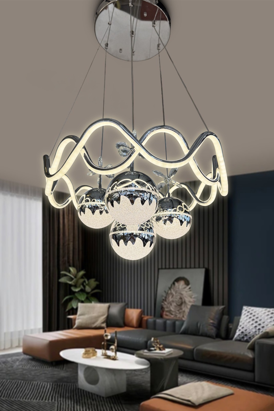 Modern Sarkıt Ateş Topu 4Toplu İthal Ledli 3 Renk Kumandalı Led Avize - Krom