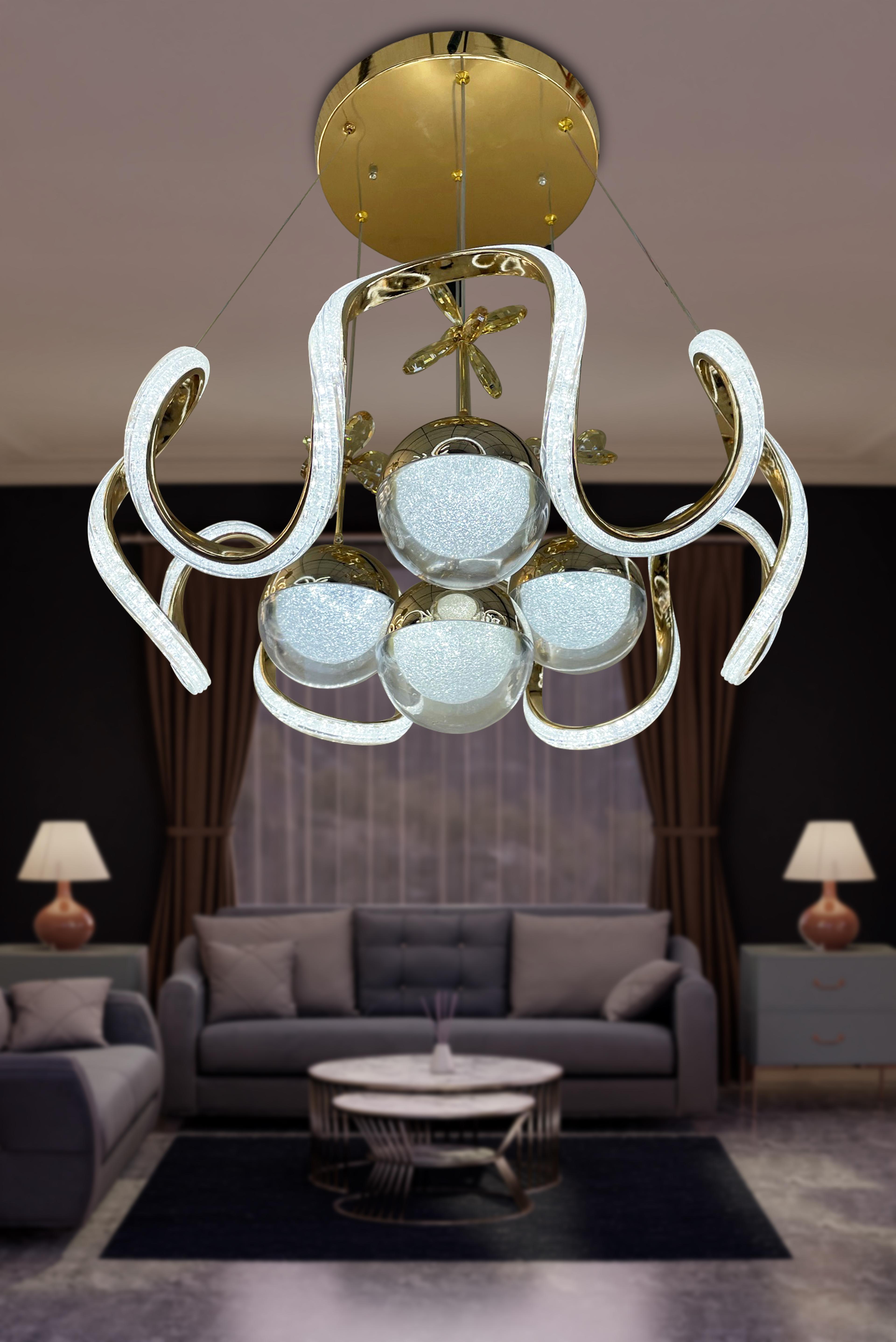 Arya Fanus 4 Toplu Simli Slikonlu Yüksek (Işık) Modern Salon Led Avizesi
