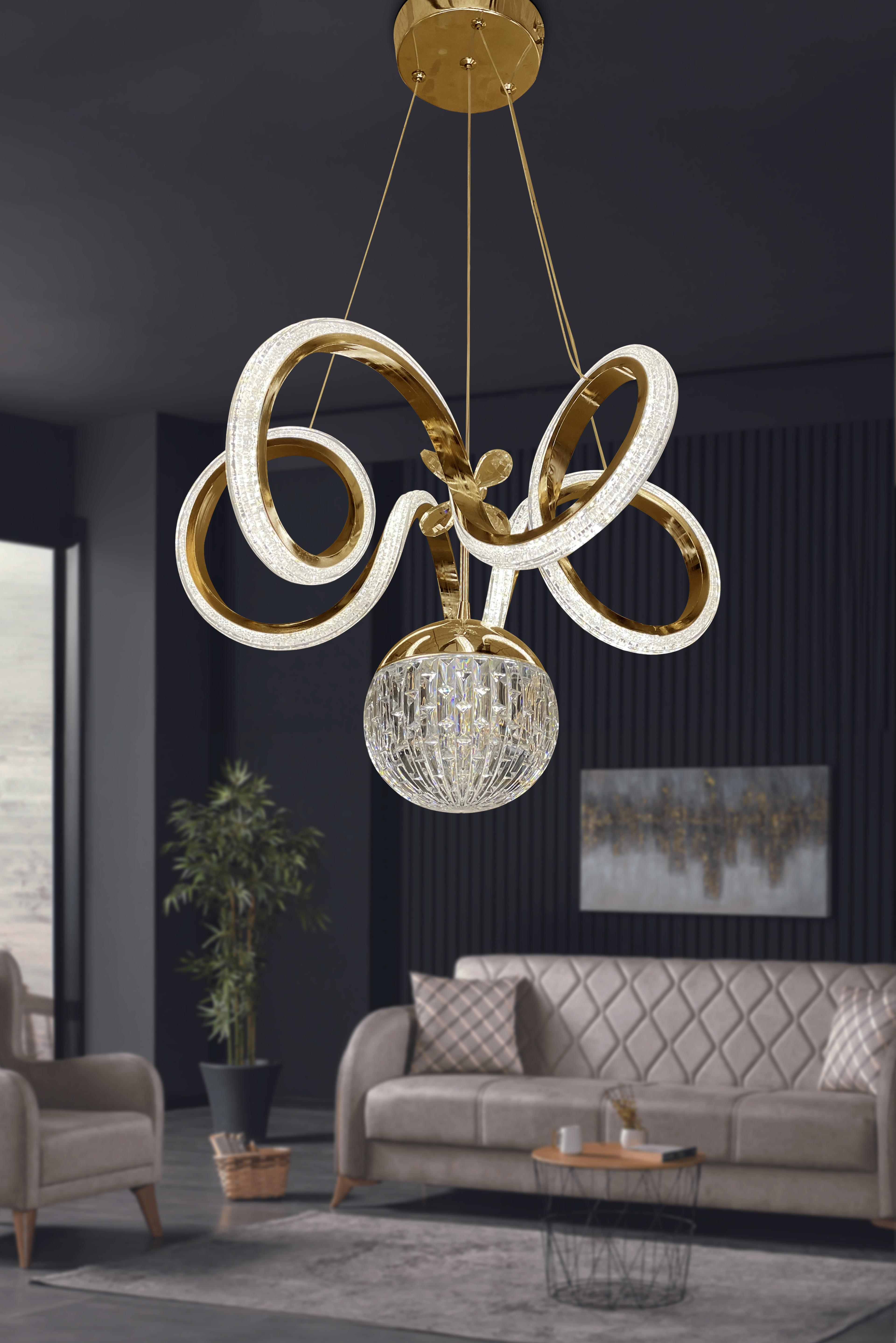 Kıvrım Tekli Kristal Top Simli Slikonlu Modern Oturma Led Avizesi