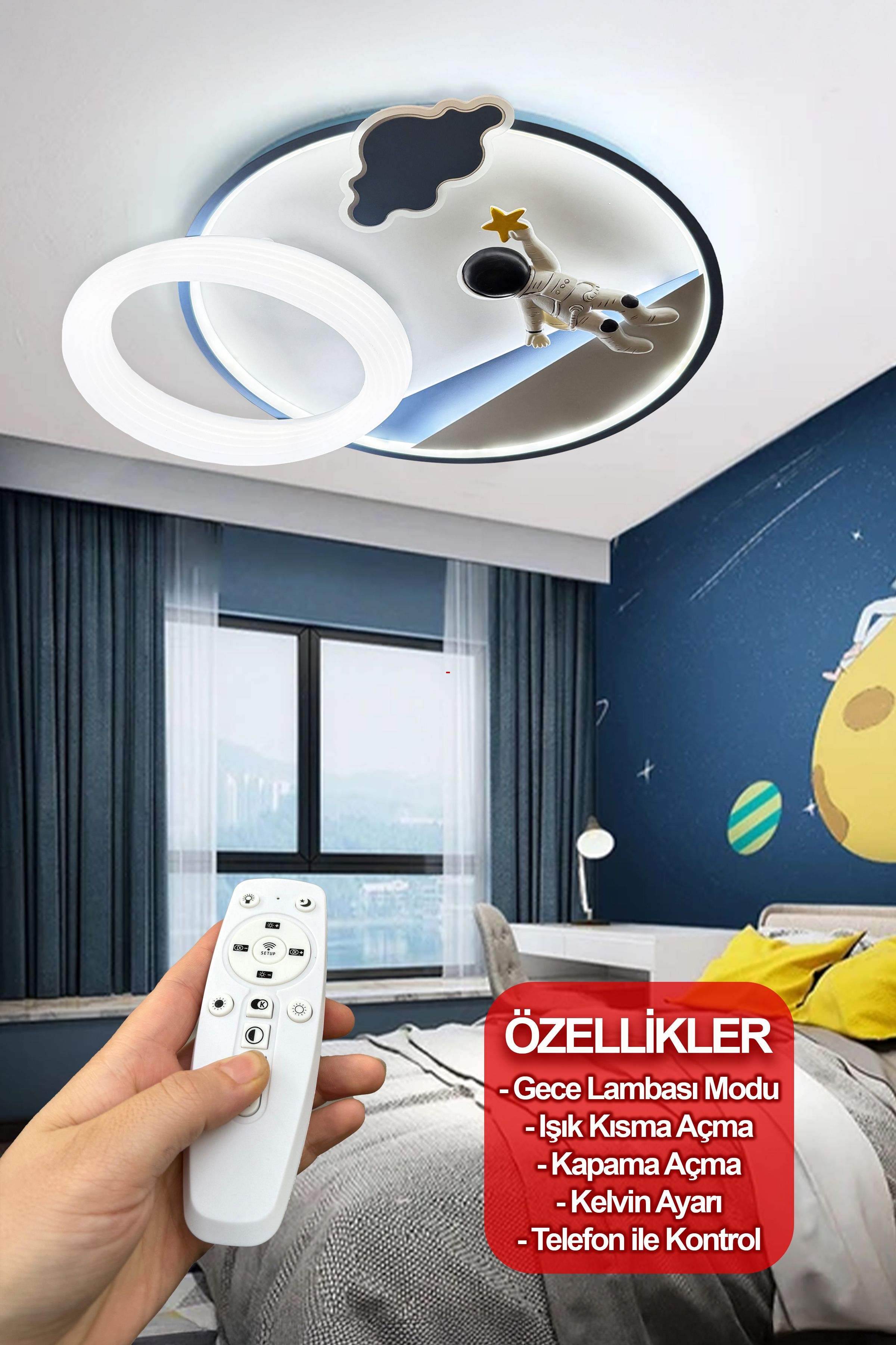 Uzay Modern Plafonyer Erkek-Kız Çocuk Odası Avizesi ( gece lambası modlu ) Led Avize