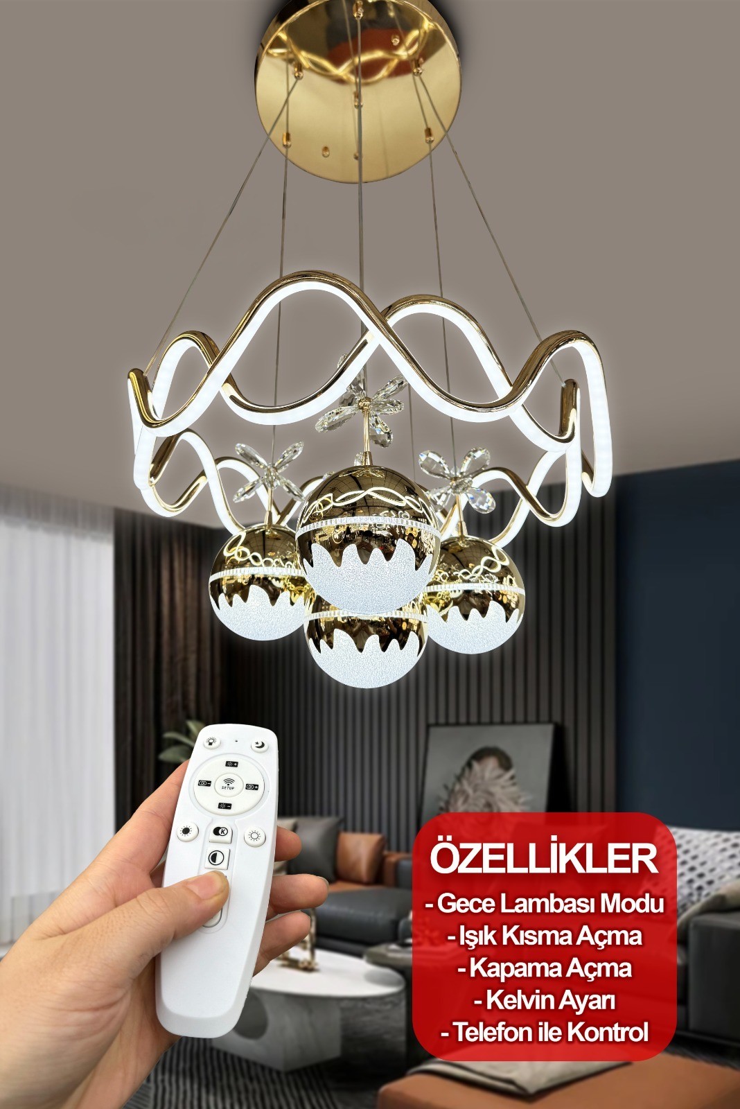 Modern Sarkıt Ateş Topu 4Toplu İthal Ledli 3 Renk Kumandalı Led Avize