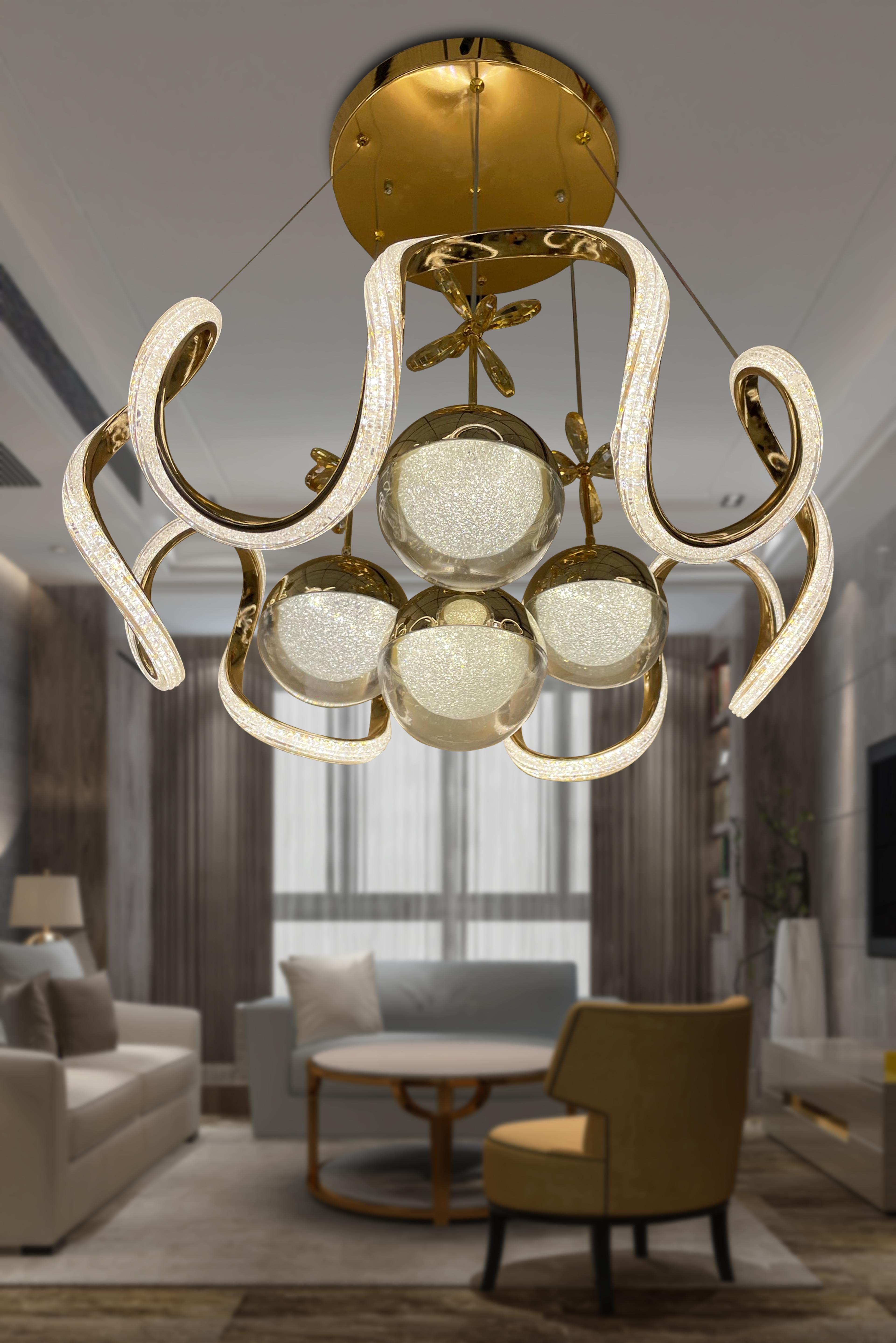 Arya Fanus 4 Toplu Simli Slikonlu Yüksek (Işık) Modern Salon Led Avizesi
