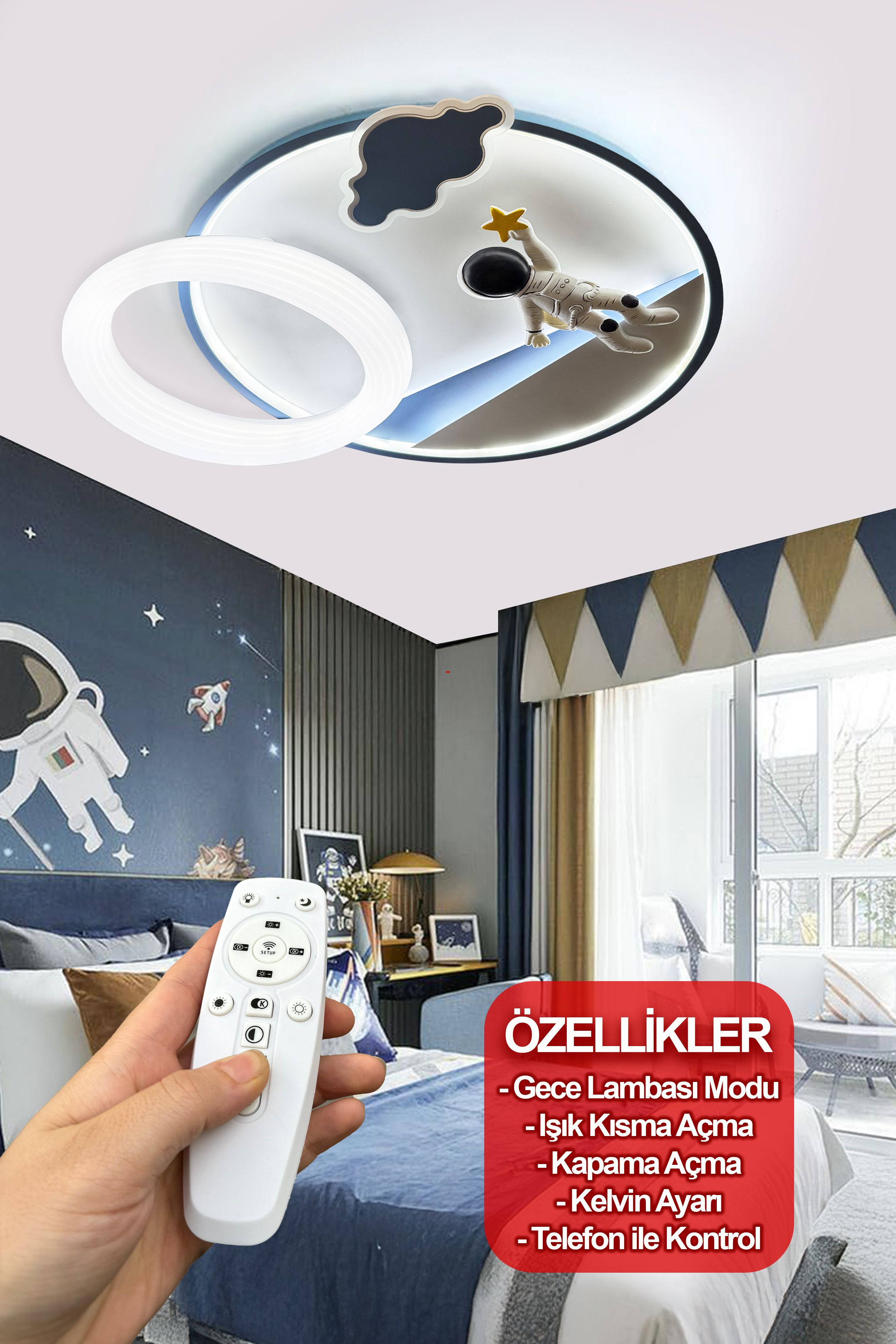 Uzay Modern Plafonyer Erkek-Kız Çocuk Odası Avizesi ( gece lambası modlu ) Led Avize