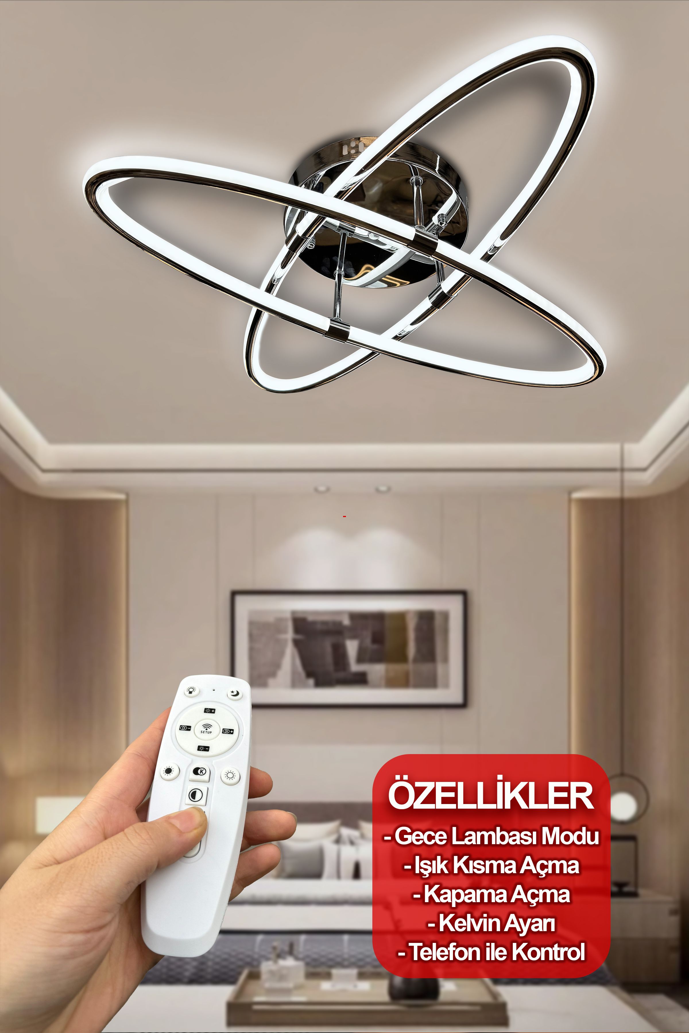 Atom 2 Kollu Çift Yönlü Kumandalı İthal Modern Yüksek Işık Güclü Led Avize - Krom