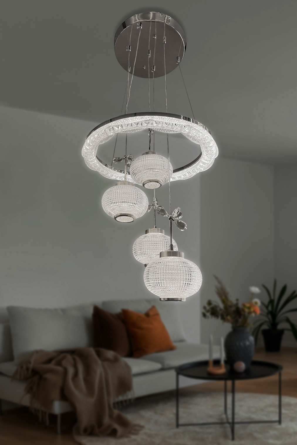 Kristal Küre 4 lü Modern Sarkıt Led Avize