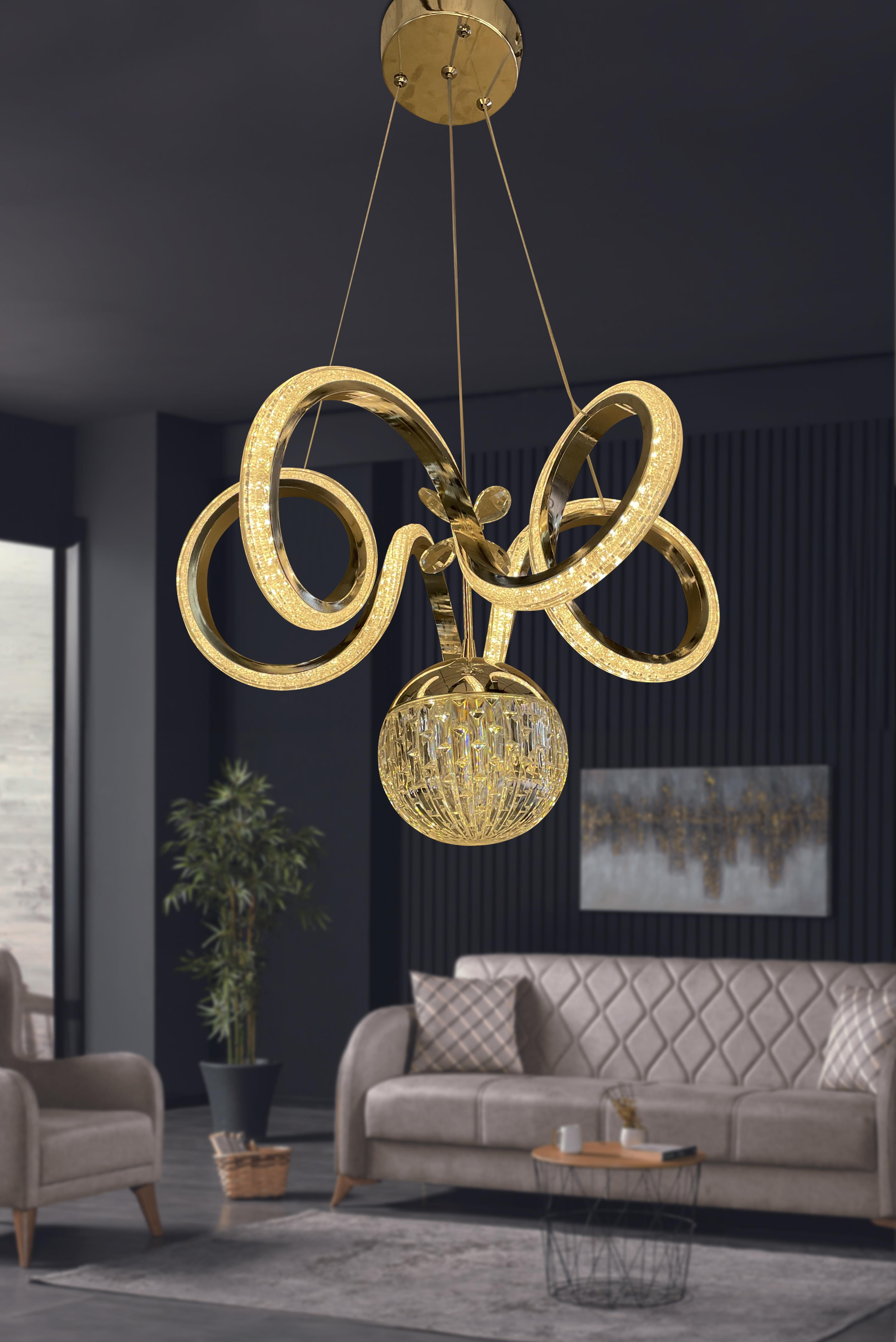 Kıvrım Tekli Kristal Top Simli Slikonlu Modern Oturma Led Avizesi