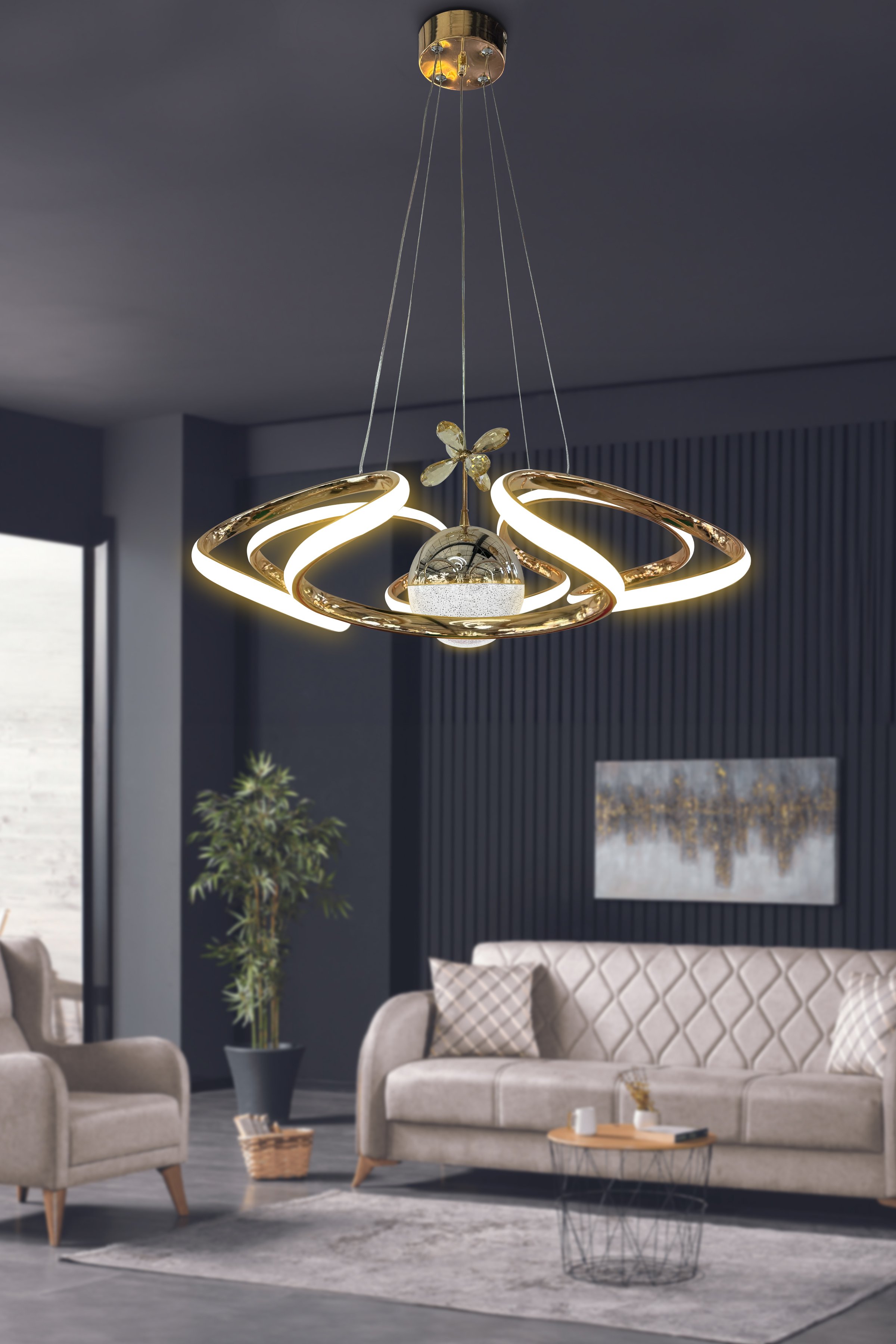 Dron Modern 4 Kol Tek Top Sarkıt Power Led Salon & Oturma Odası Avizesi