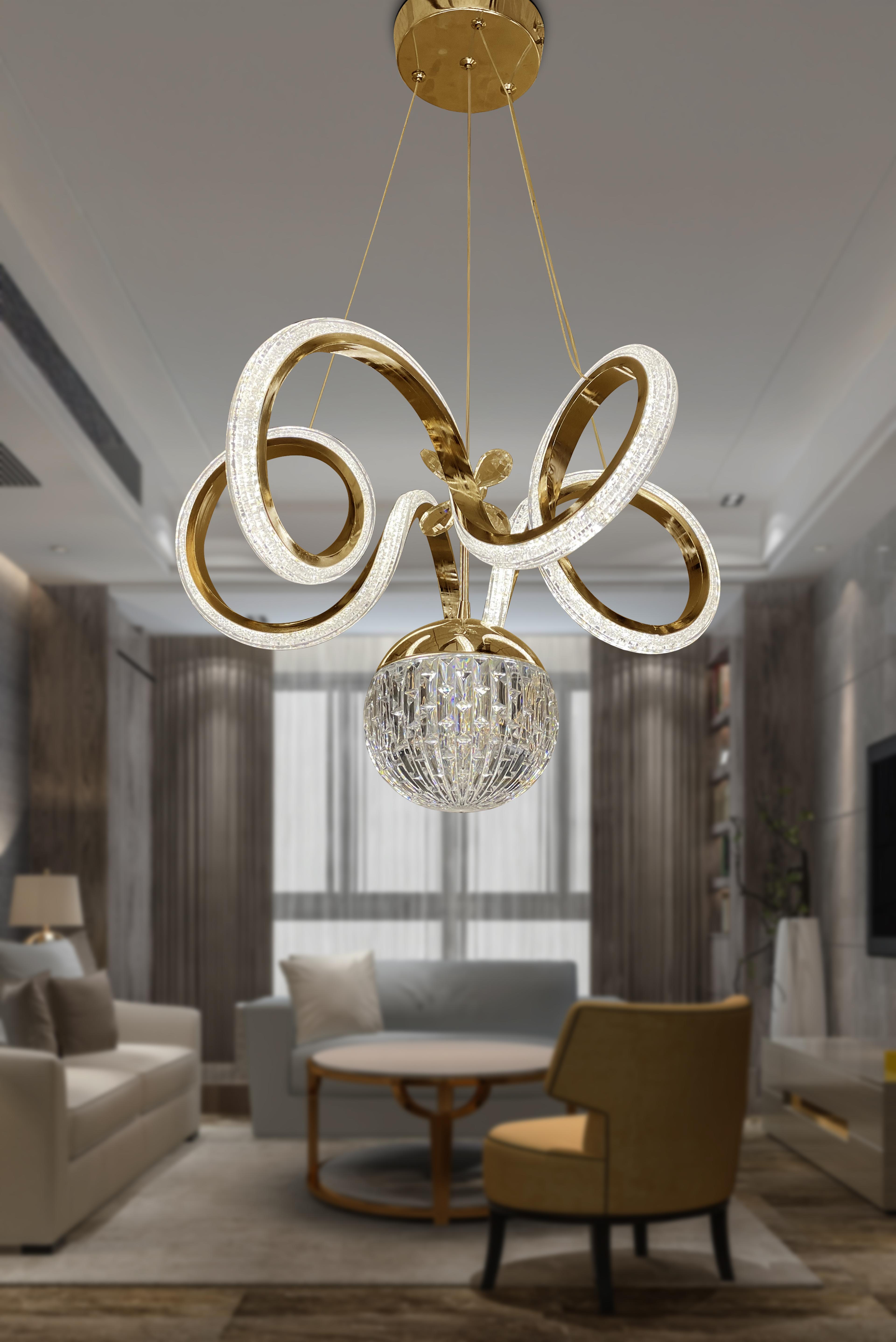 Kıvrım Tekli Kristal Top Simli Slikonlu Modern Oturma Led Avizesi