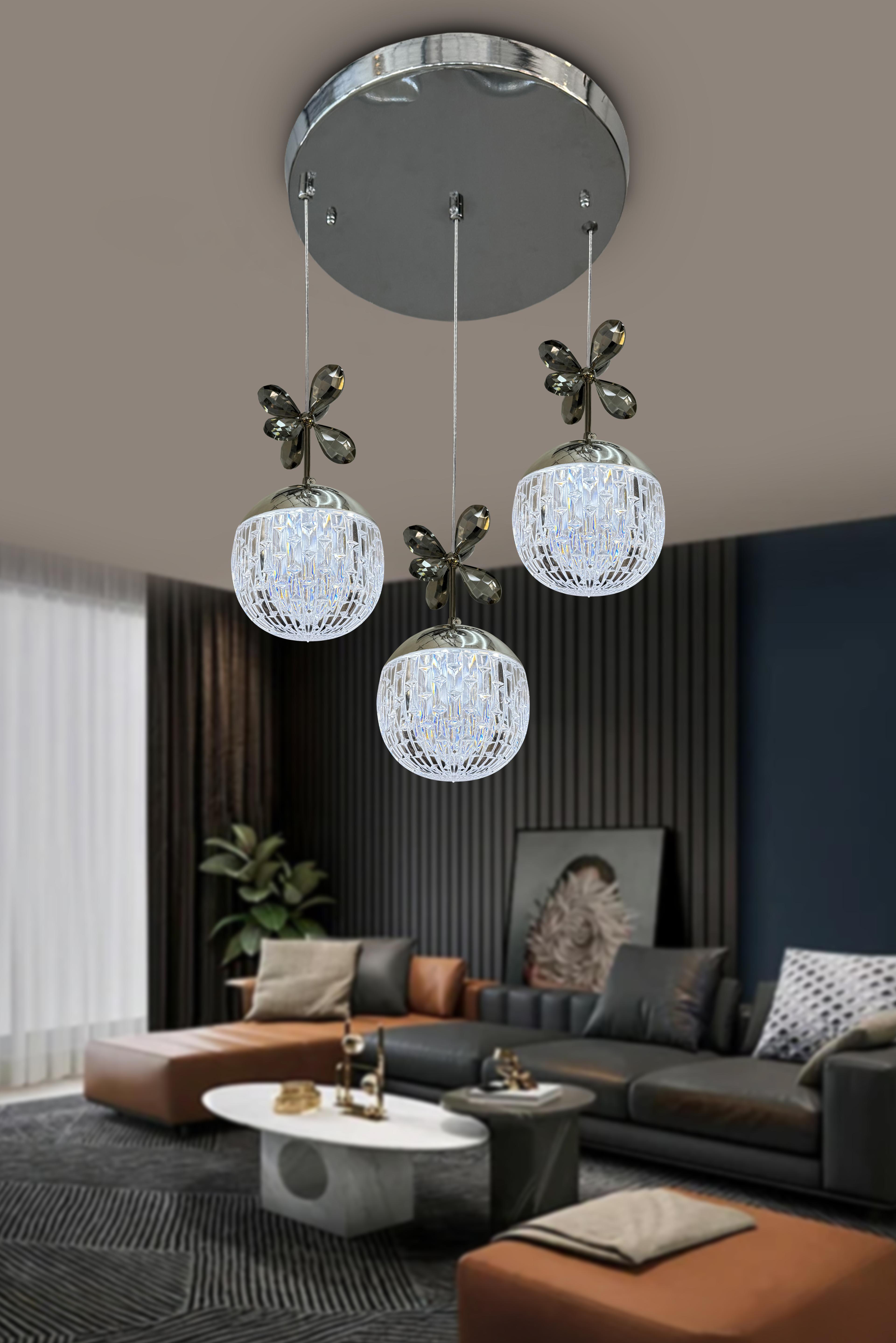 Modern Sarkıt Cam 3 Top Led Avize - Krom