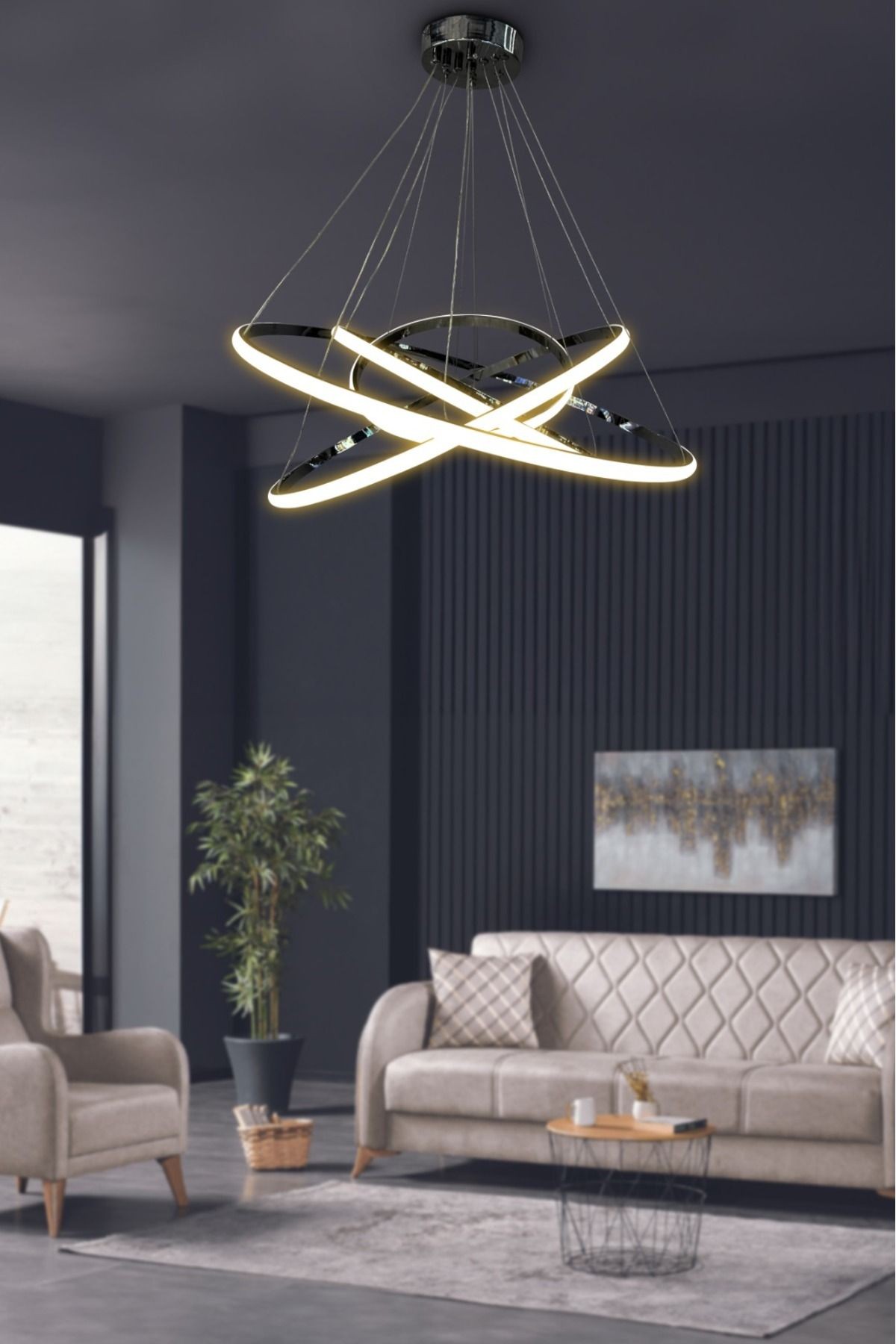 30/40/50/60/Gold Parlak Kasa Beyaz Işık Ledli Avize - siyah pianoblack