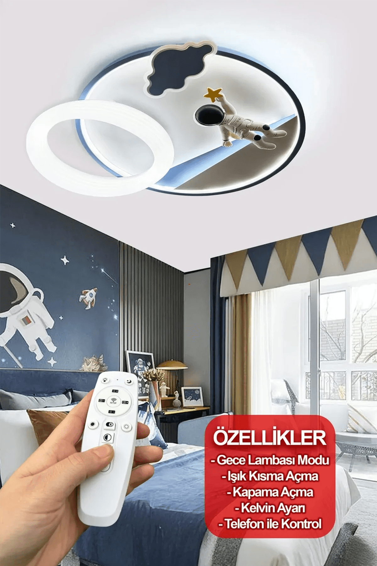 Reina Plafonyer Erkek-Kız Çocuk Odası Led Avizesi (Gece Lambası Modlu & Telefon ile Kontrol Edilebilir) - Mavi