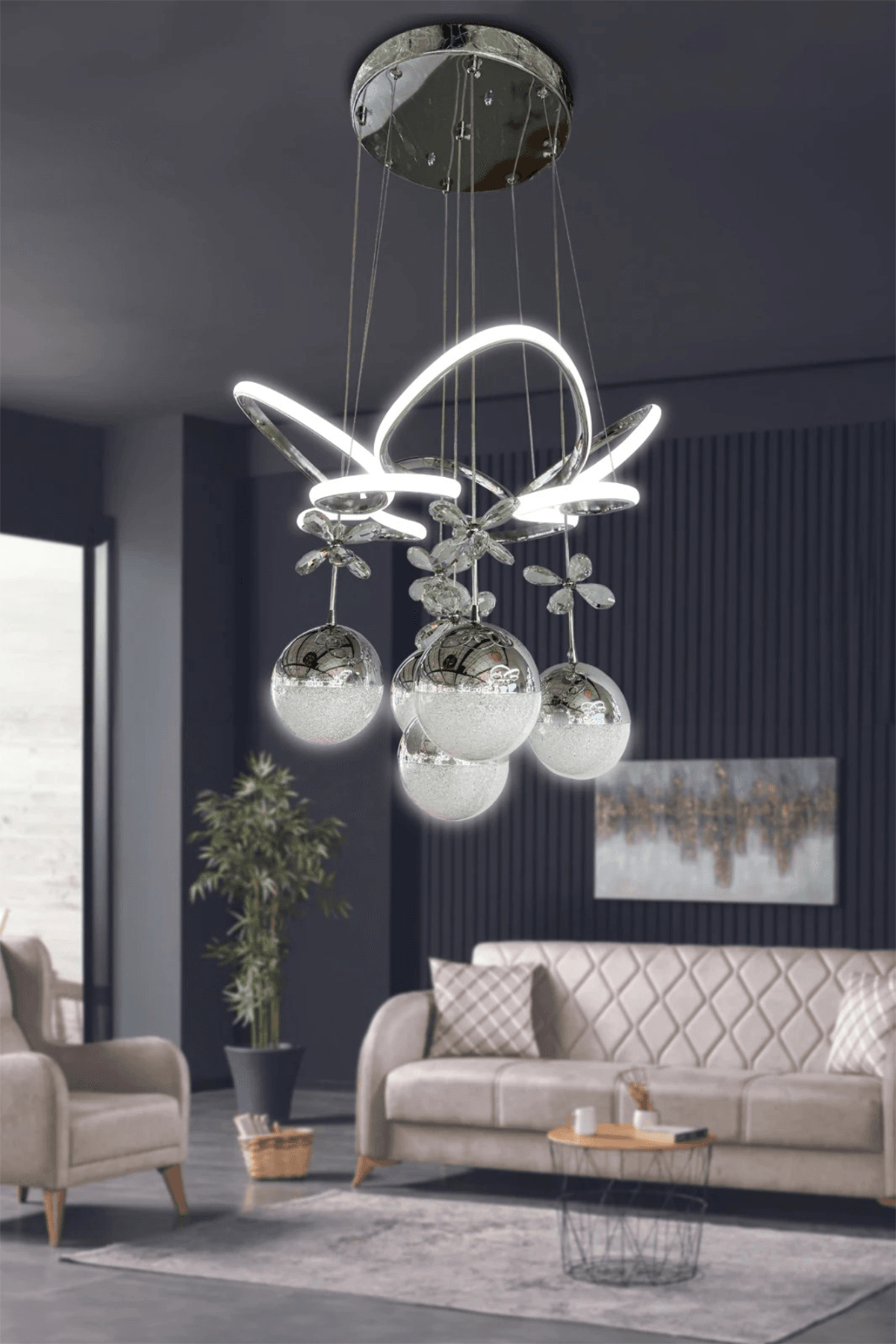 Kral Tacı Led Avize 5 Toplu Led Avize - 3 Renk Kumandalı - krom