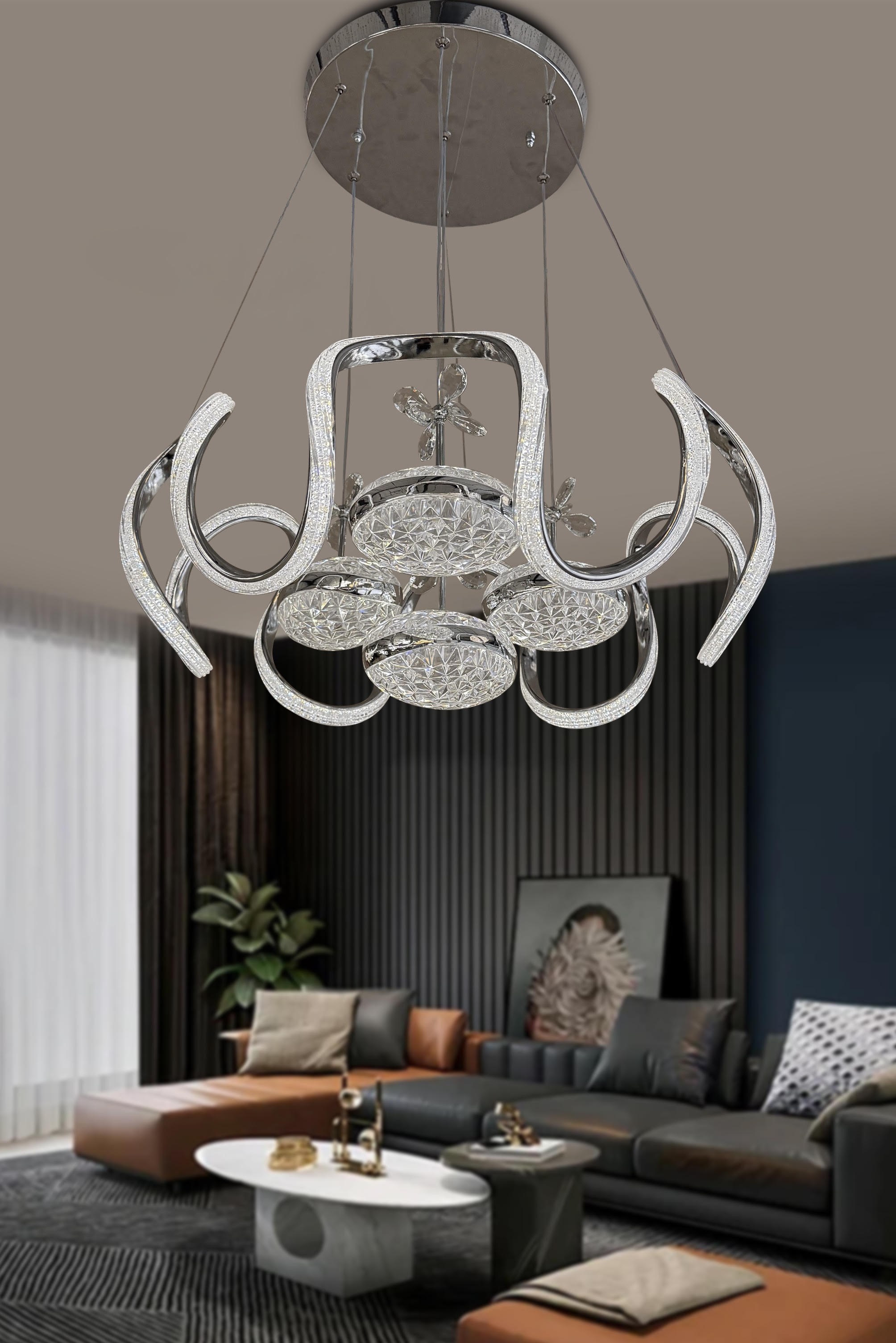 Eliza 4 Toplu Simli Slikonlu Modern Yüksek (Işık) Salon Led Avizesi