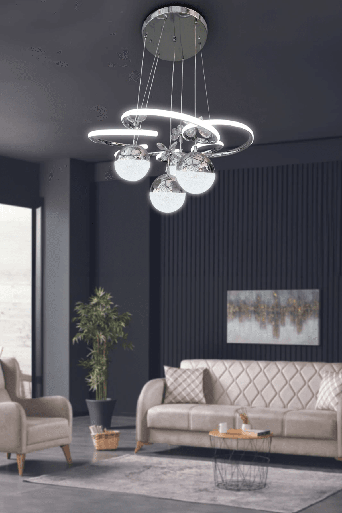 Modern Sarkıt Florya 4 Toplu Led Avize - Salon & Oturma Odası Avizesi - 3 Renk Kumandalı - krom
