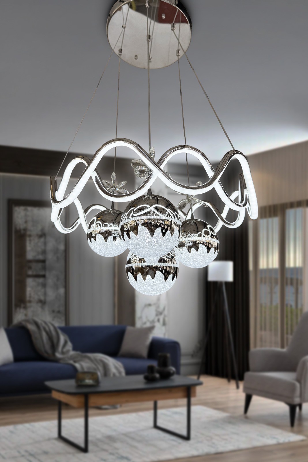 Modern Sarkıt Ateş Topu 4Toplu İthal Ledli 3 Renk Kumandalı Led Avize - Krom