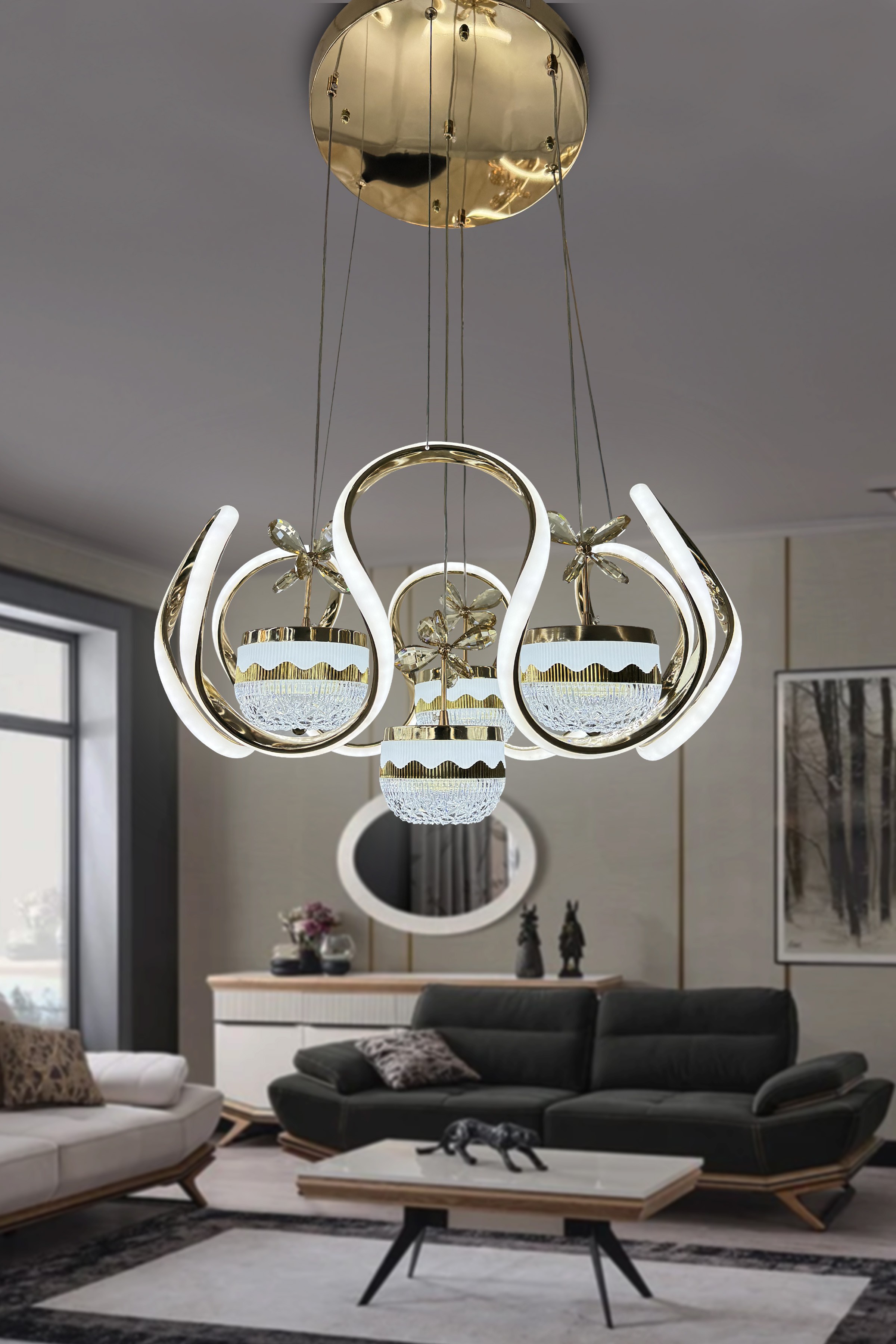 Modern Taç 4 Toplu 3  Renk Kumandalı Led Avize (gece lambası modlu ,ışık açma kısma )