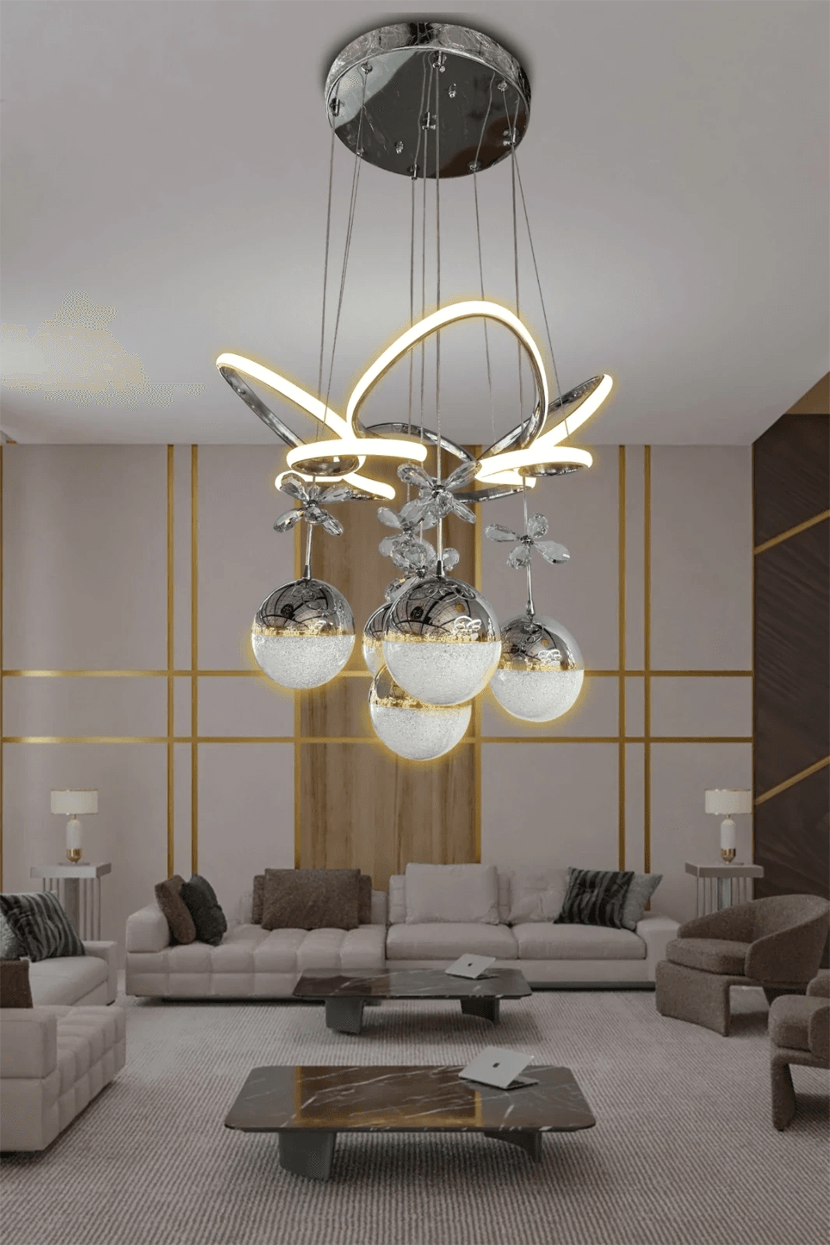 Kral Tacı Led Avize 5 Toplu Led Avize - 3 Renk Kumandalı - krom