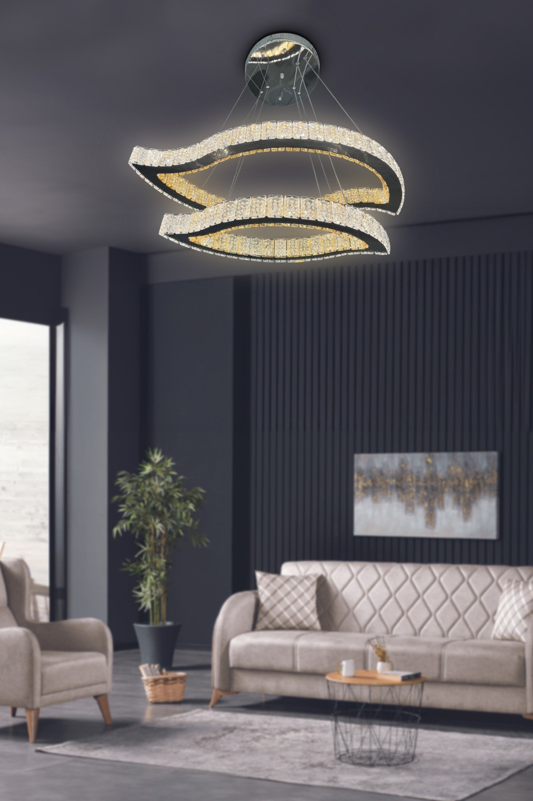 Yaprak Model Taşlı Modern Sarkıt Salon Led Avize