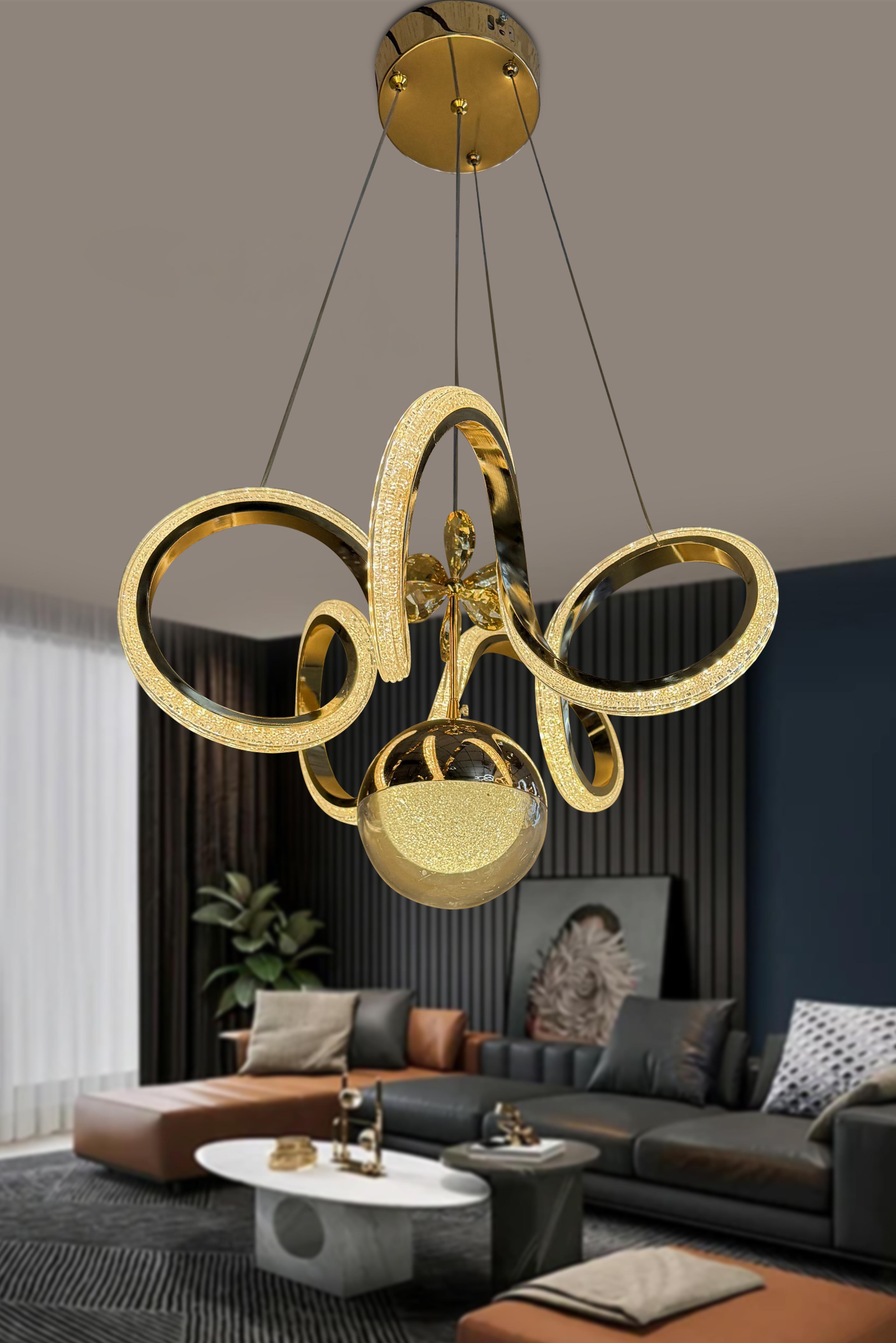 Kıvrım Tekli Fanus Top Simli Slikonlu Modern Oturma Led Avizesi