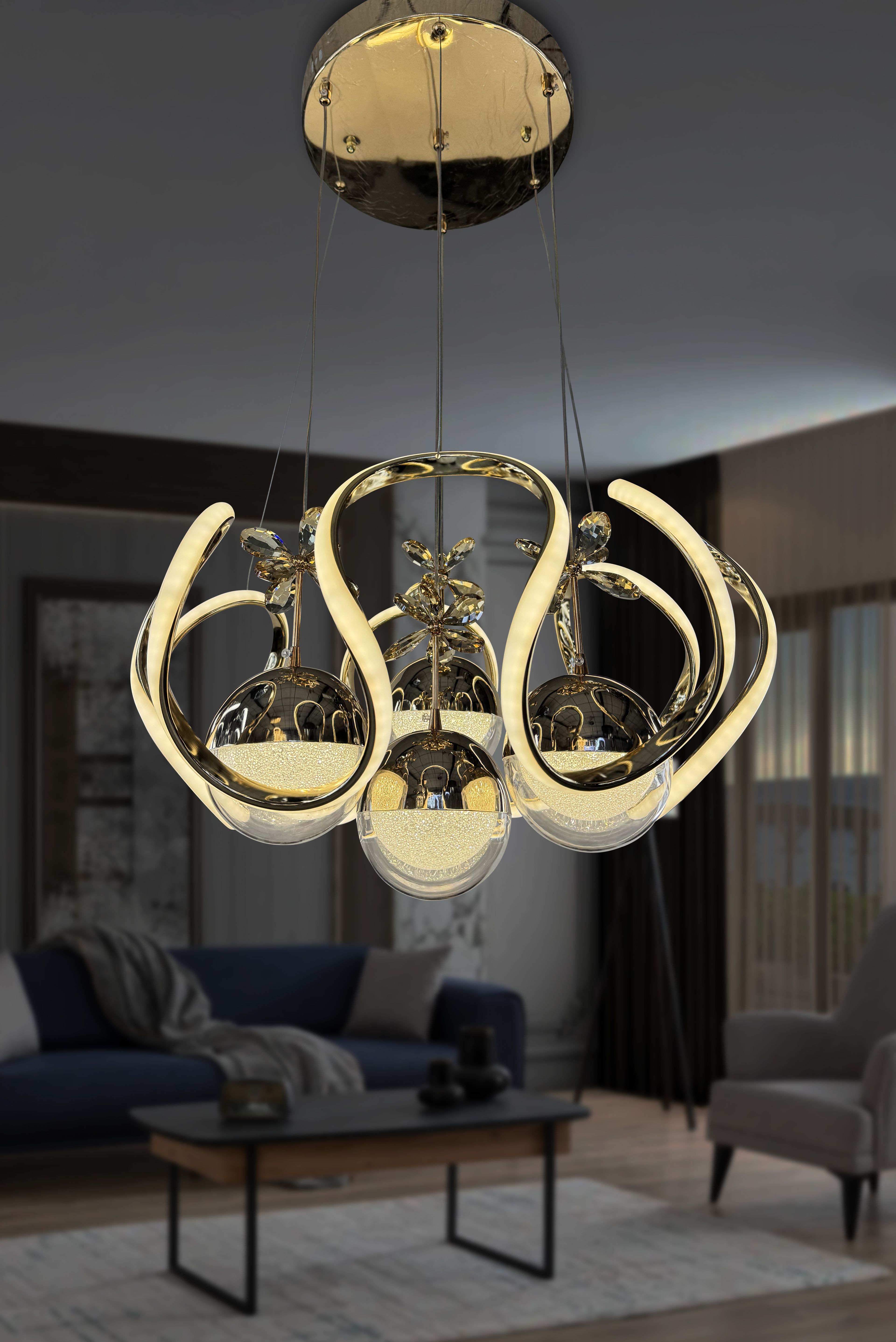 Yeni Fanuslu Şeker Top 4 Lü Arya XL Modern Sarkıt Salon Giriş Led Avize