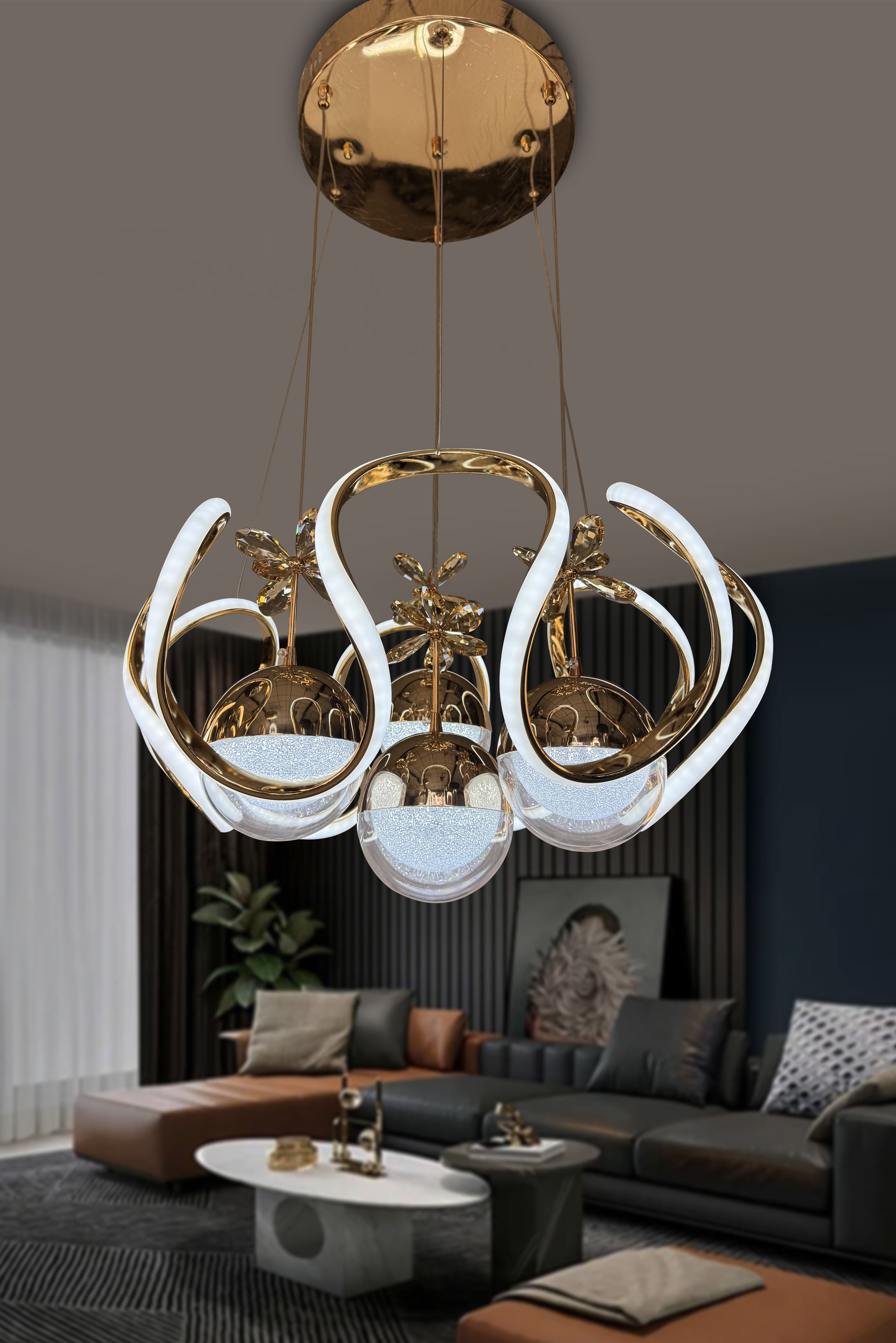 Yeni Fanuslu Şeker Top 4 Lü Arya XL Modern Sarkıt Salon Giriş Led Avize