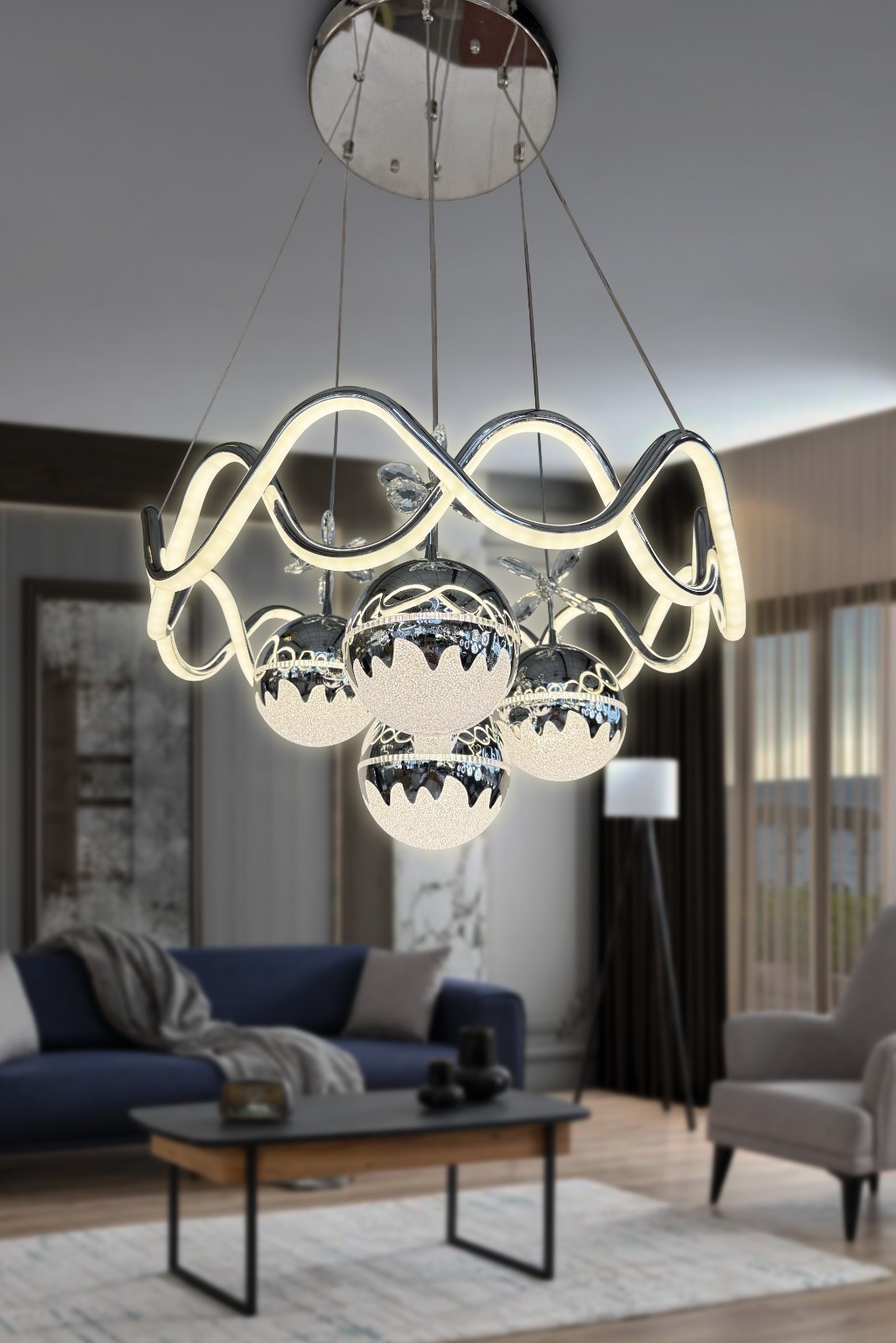 Modern Sarkıt Ateş Topu 4Toplu İthal Ledli 3 Renk Kumandalı Led Avize - Krom