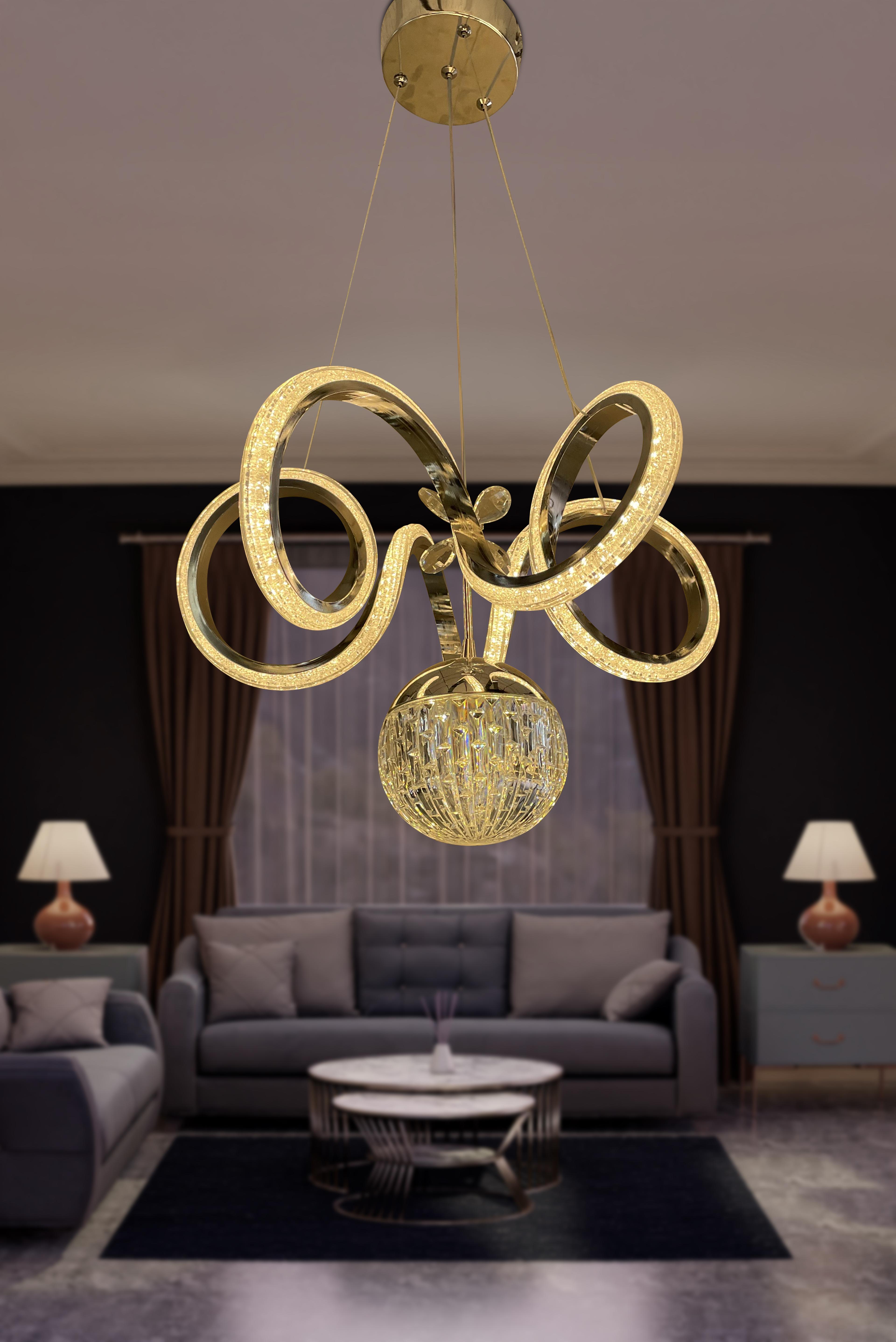 Kıvrım Tekli Kristal Top Simli Slikonlu Modern Oturma Led Avizesi