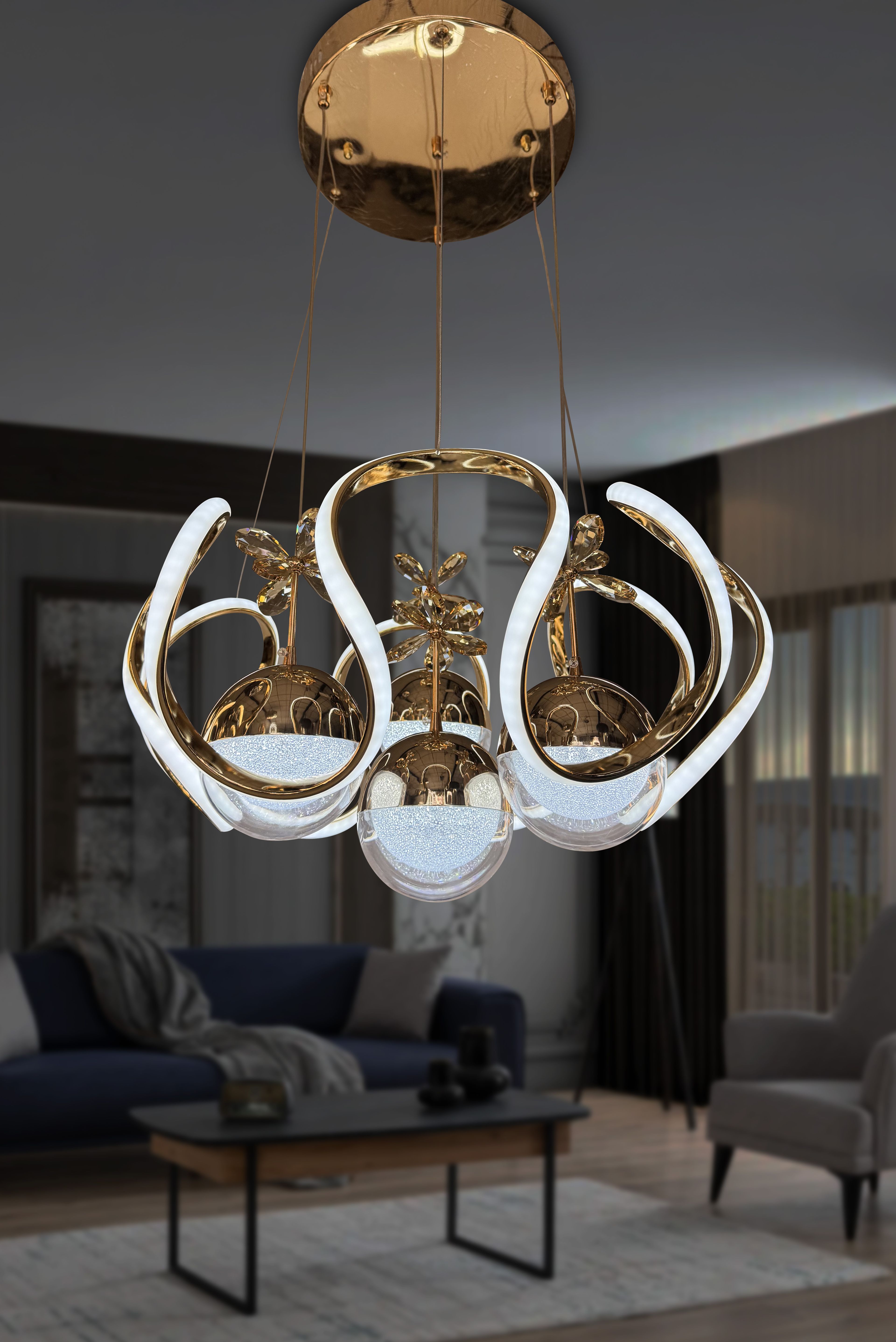 Yeni Fanuslu Şeker Top 4 Lü Arya XL Modern Sarkıt Salon Giriş Led Avize