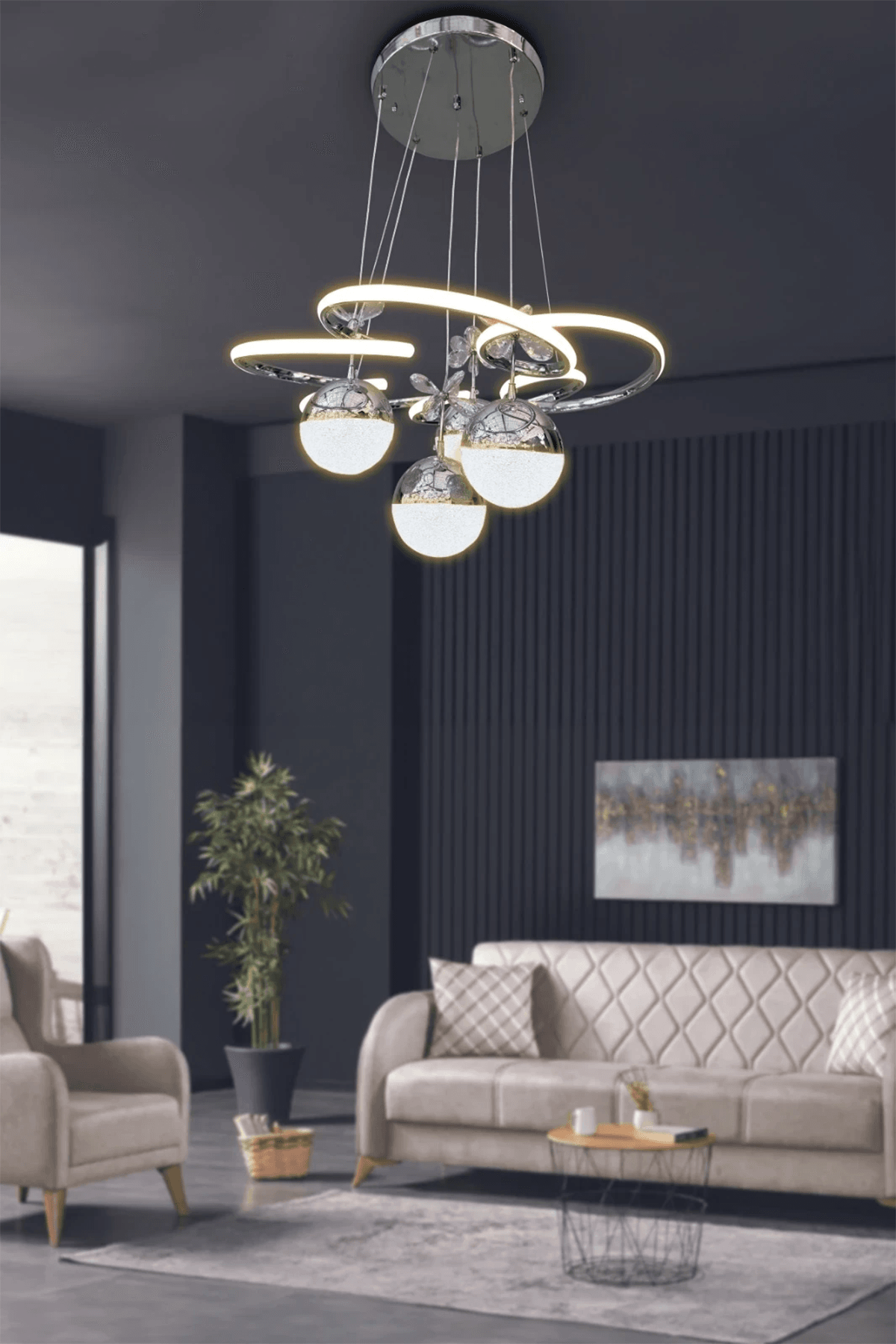 Modern Sarkıt Florya 4 Toplu Led Avize - Salon & Oturma Odası Avizesi - 3 Renk Kumandalı - krom
