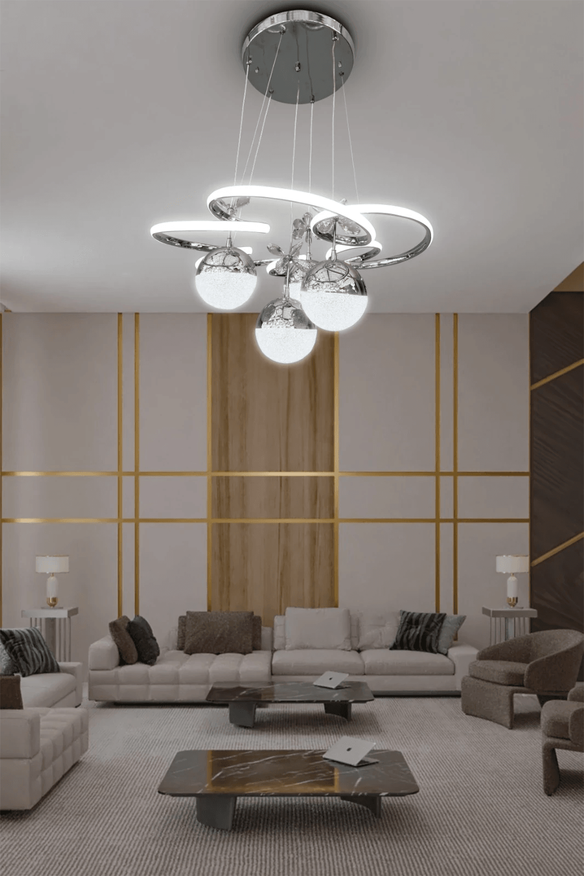 Modern Sarkıt Florya 4 Toplu Led Avize - Salon & Oturma Odası Avizesi - 3 Renk Kumandalı - krom