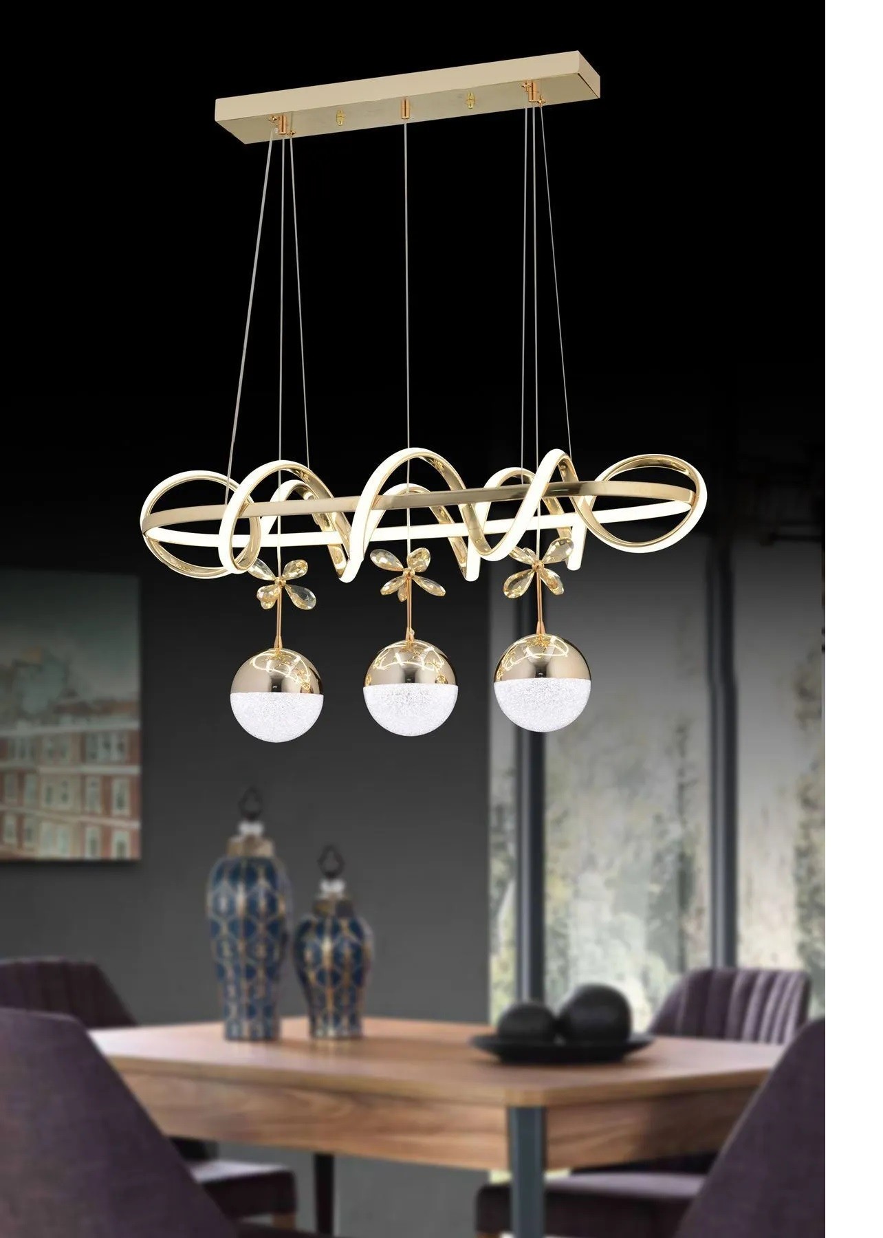 Çemberli Kıvrım Masaüstü (Yıldız) 3 Toplu Led Avize - Gold