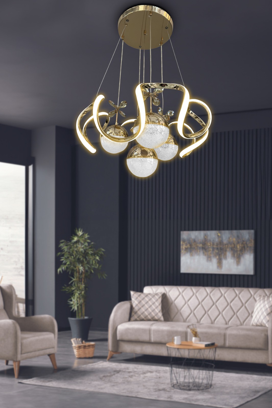 Modern Sarkıt Arya XL 4 Toplu Led Avize - 3 Renk Kumandalı - Gold