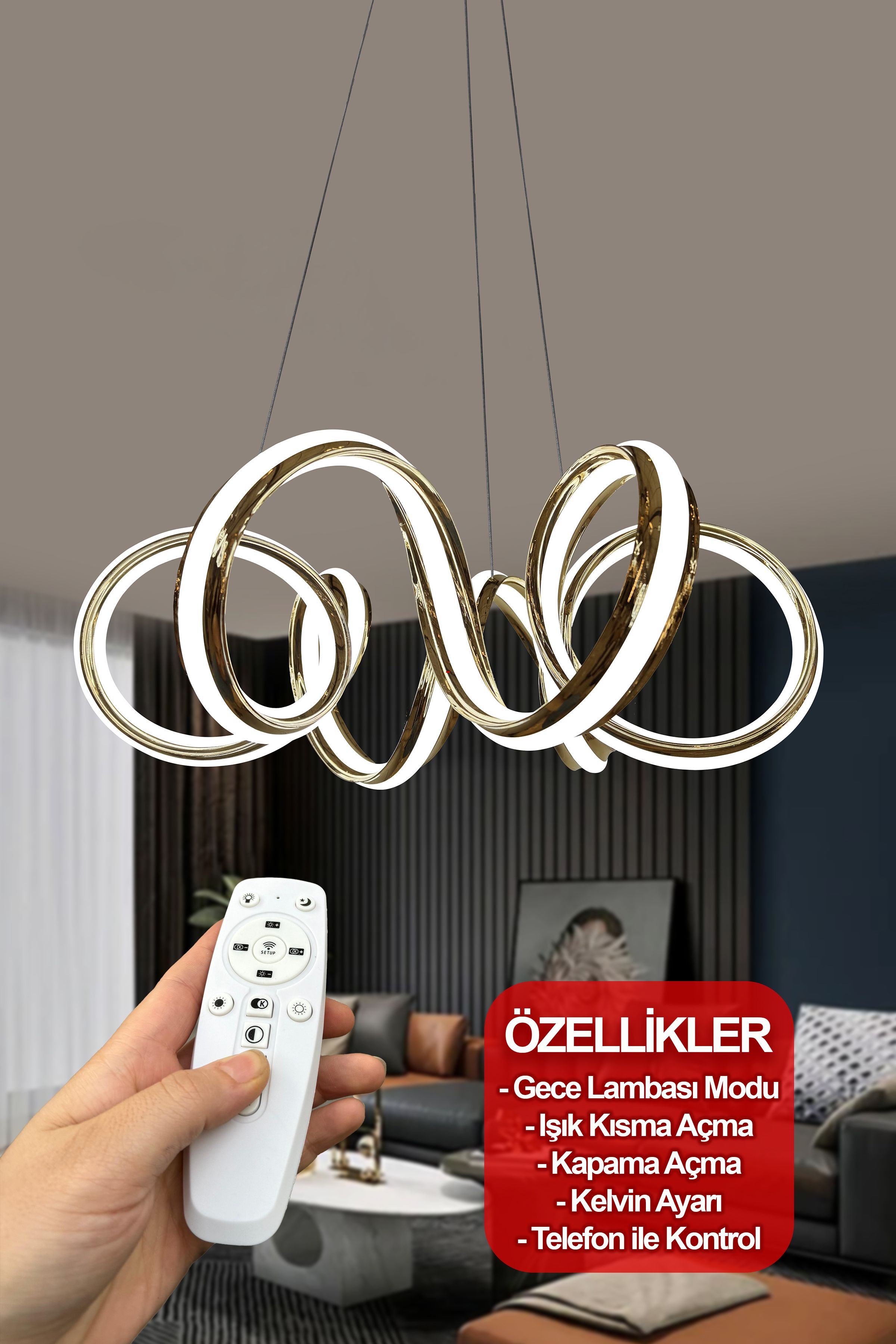 Burgu Çift Yönlü Kıvrım Salon Avizesi,Oturma Odası,Mutfak Avizesi Ledli Avize - Gold