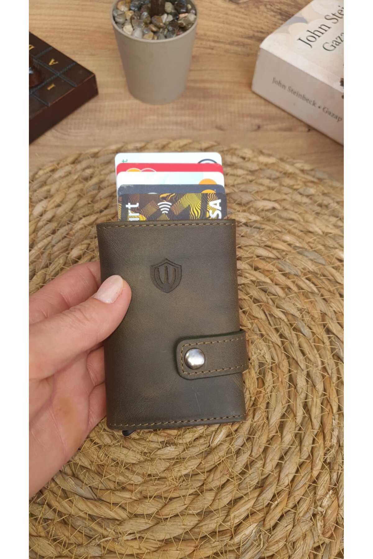 Boise Crayze Hakiki Deri Mekanizmalı Unisex Cüzdan Haki