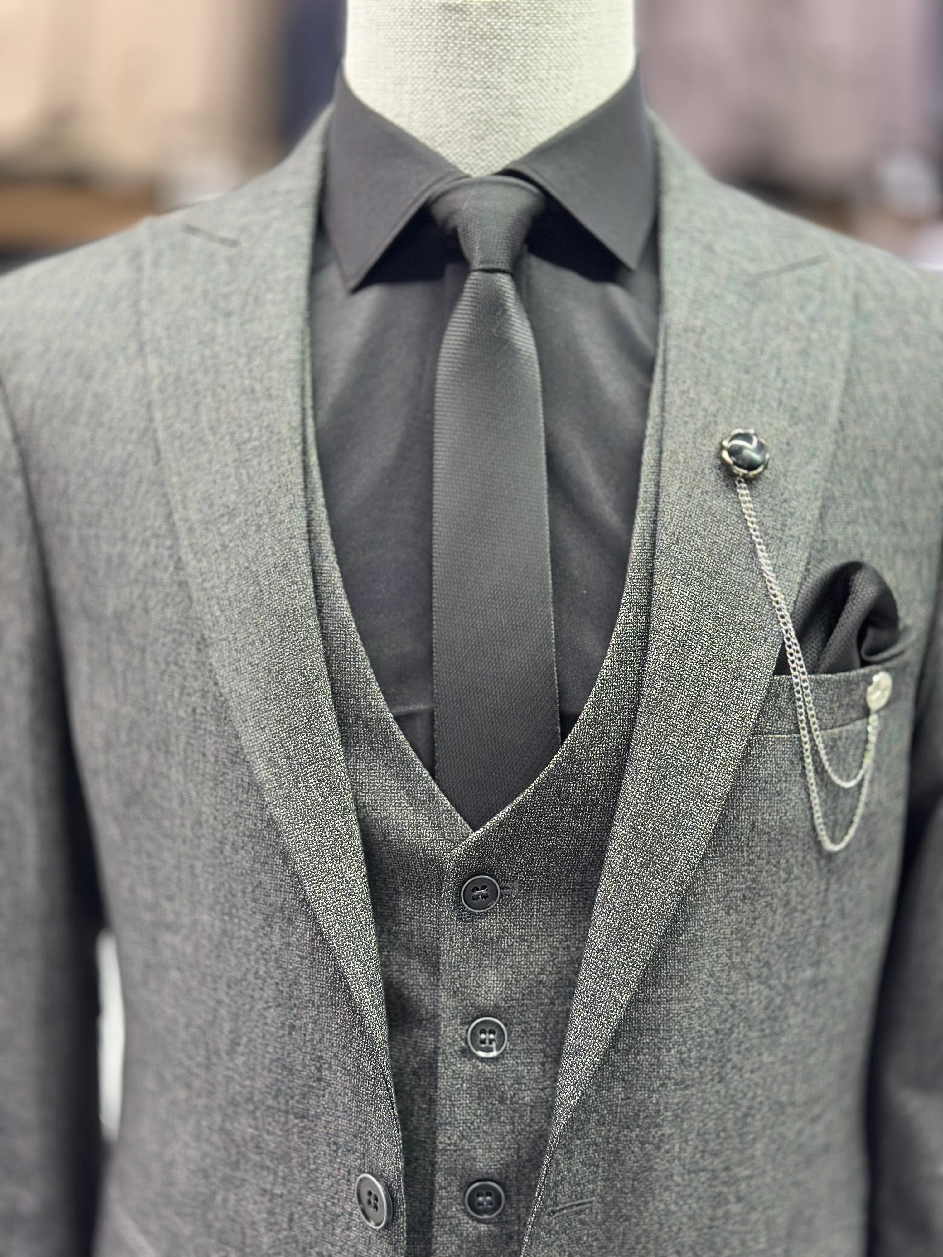 Desenli Yelekli Takım Elbise